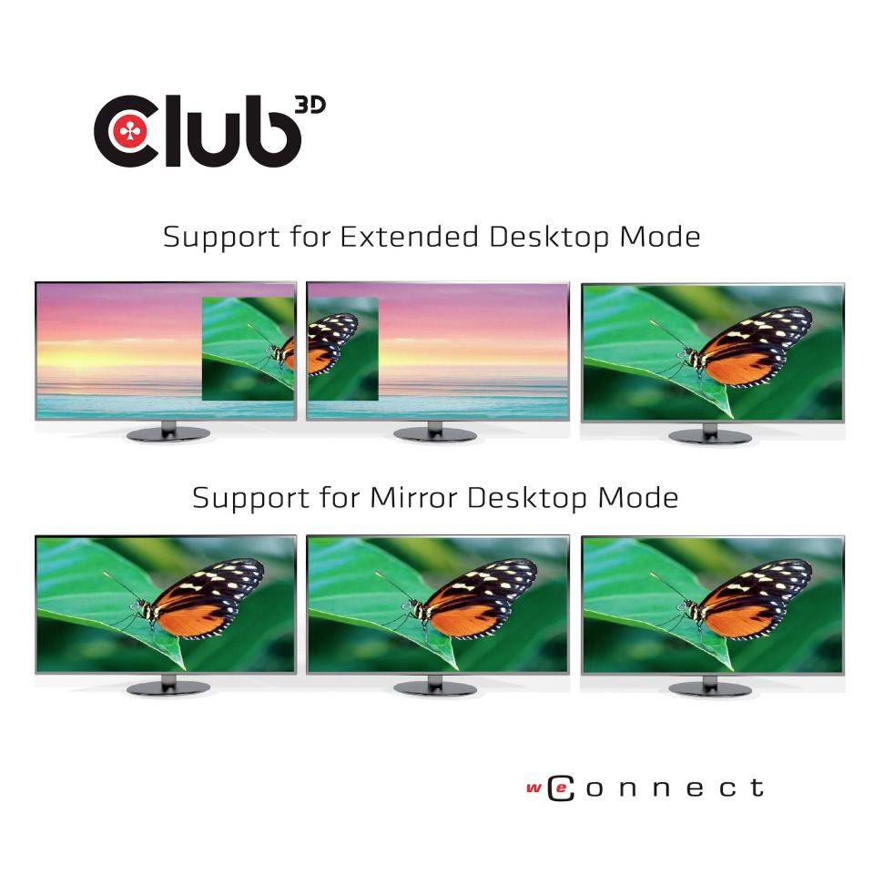 'Club3D Unterstützt erweiterten und Spiegel-Desktop-Modus.' Sechs Monitore zeigen Landschaften und Schmetterlinge in den Modi.