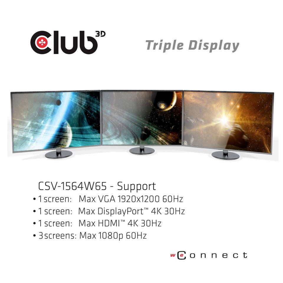 Drei Monitore zeigen Weltraummotive in einer Triple-Display-Konfiguration von Club 3D. Unterstützt VGA, DisplayPort und HDMI Verbindungen.