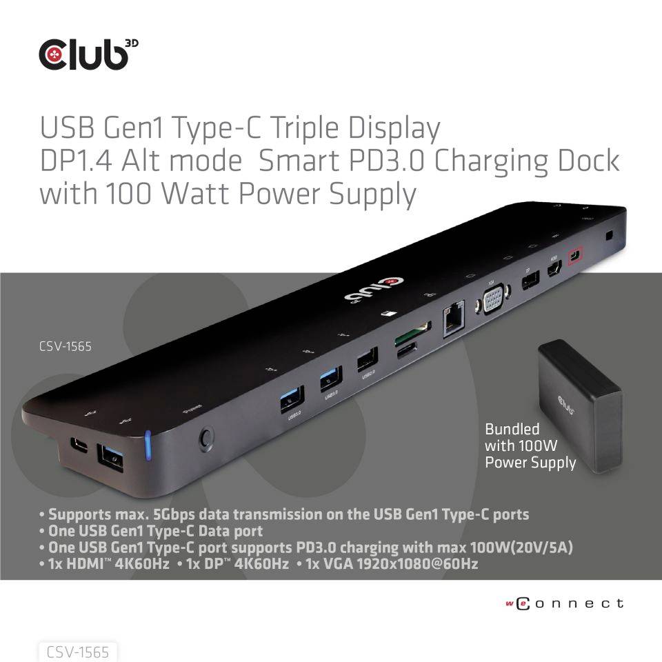 Club3D USB-C® Dockingstation 4K ChargingDock USB-C Passend für Marke Dockingstations: Club 3D USB-C® Power Delivery