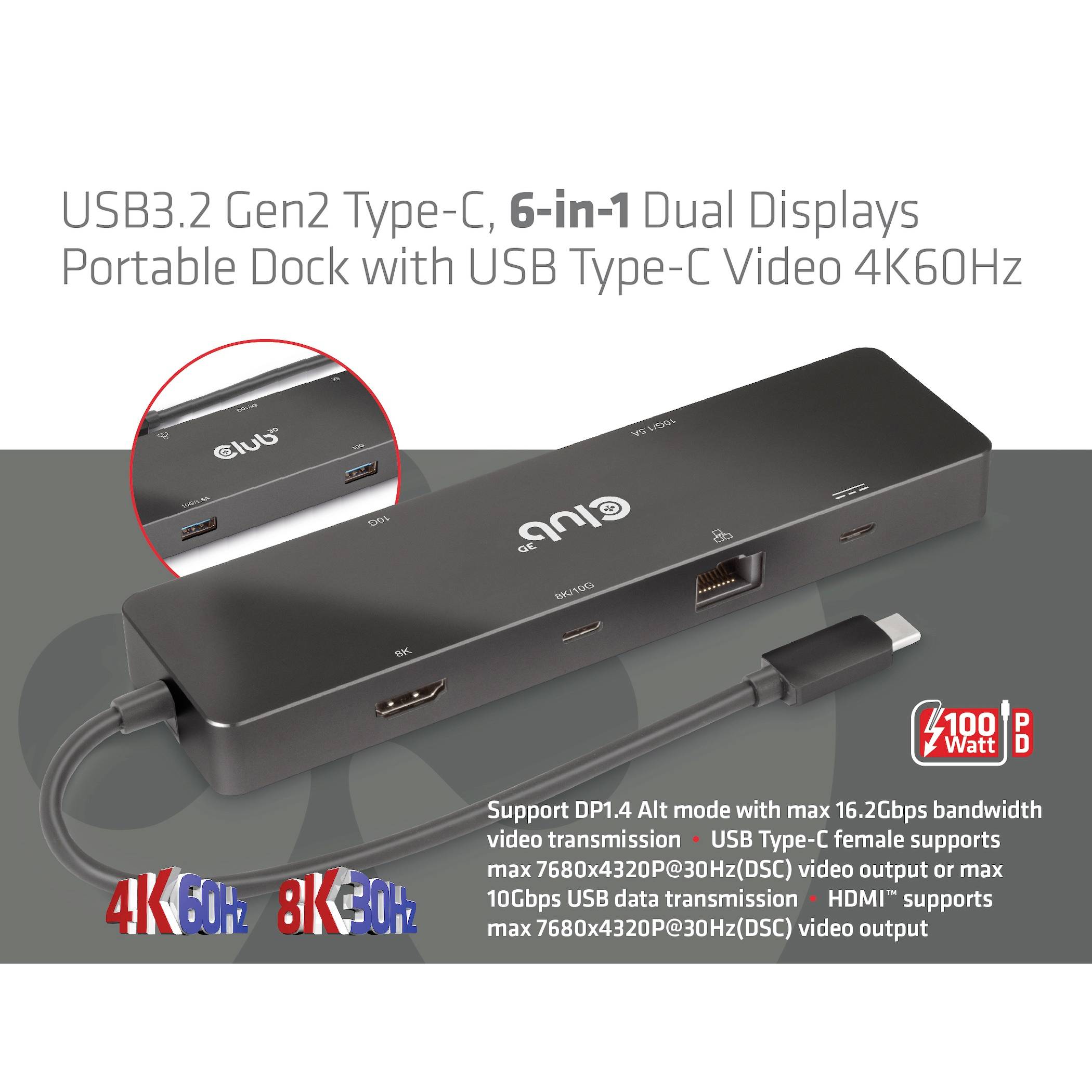 Club3D USB-C® Dockingstation USB-C Dock Passend für Marke Dockingstations: Club 3D USB-C® Power Delivery