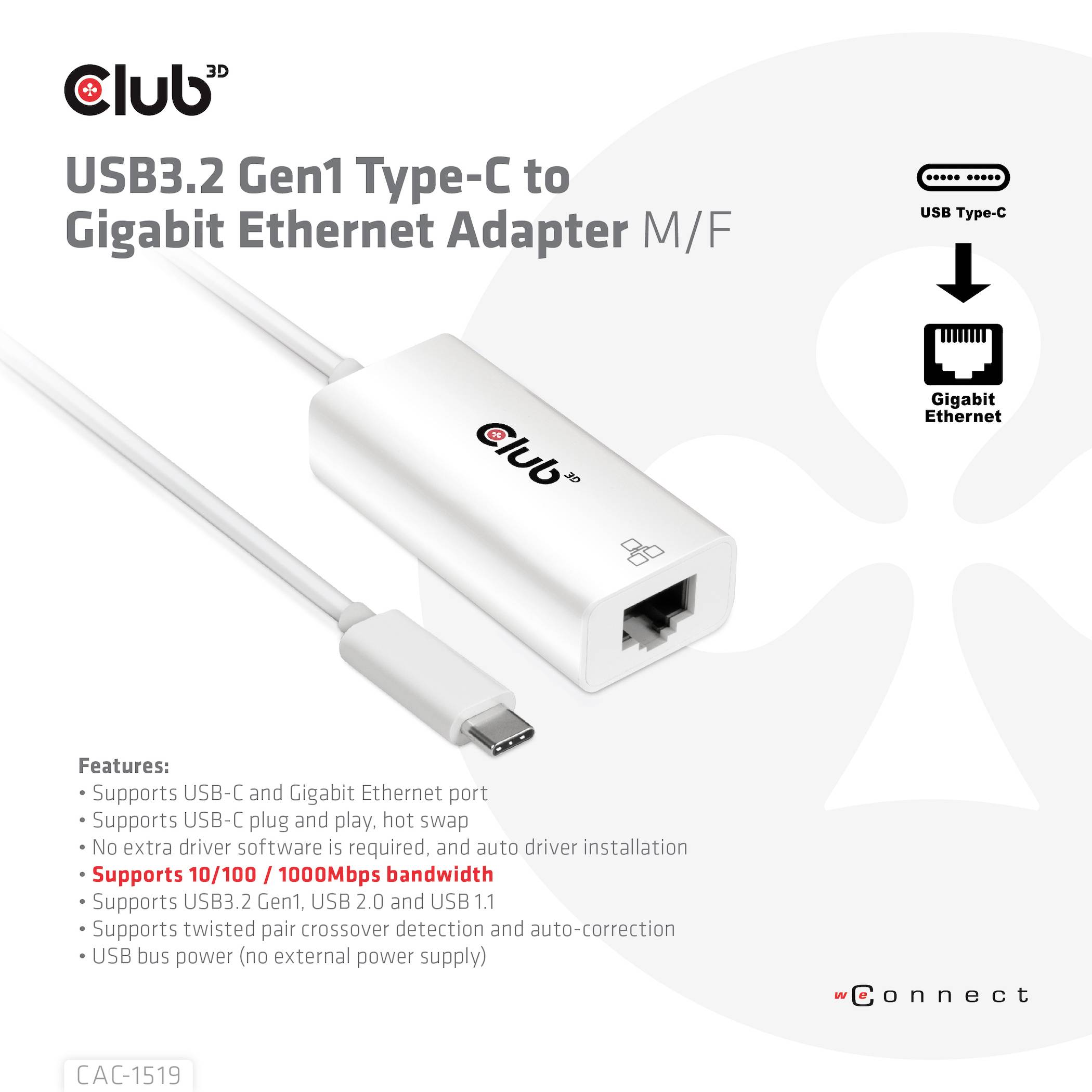 Club3D Adapter USB 3.2 Typ C - RJ-45 Adapter 10 / 100 / 1000MBit/s USB-C®, RJ45