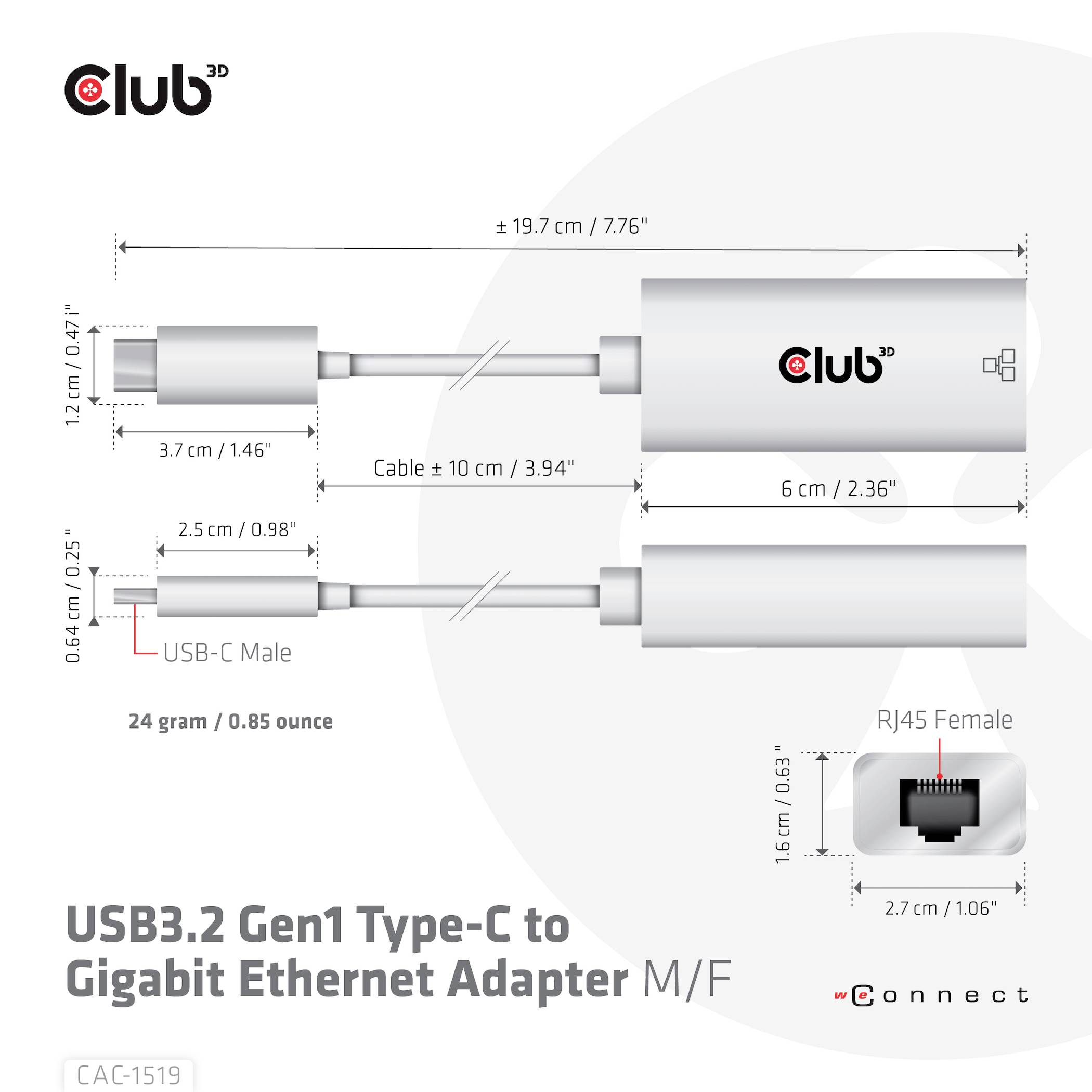 Club3D Adapter USB 3.2 Typ C - RJ-45 Adapter 10 / 100 / 1000MBit/s USB-C®, RJ45