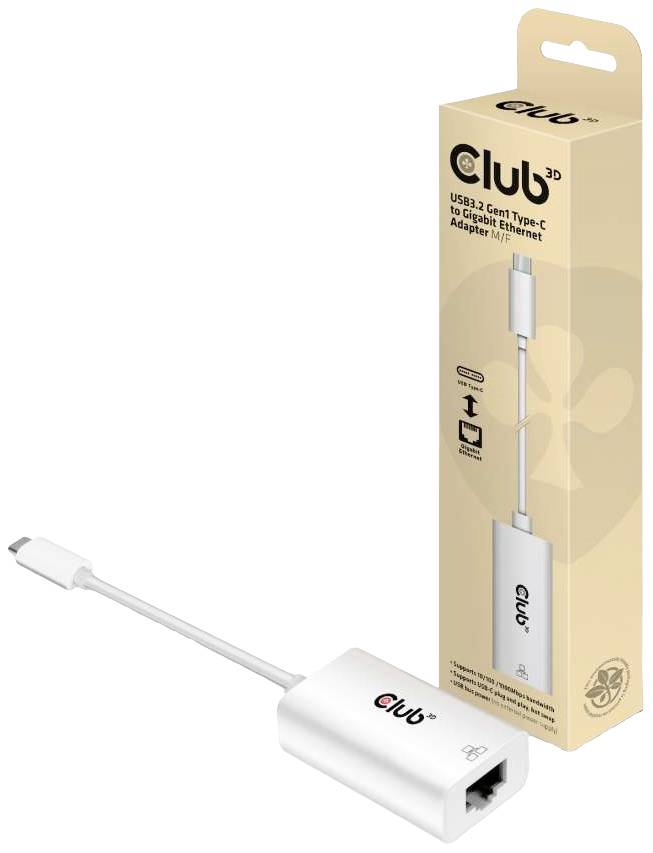 Club3D Adapter USB 3.2 Typ C - RJ-45 Adapter 10 / 100 / 1000MBit/s USB-C®, RJ45