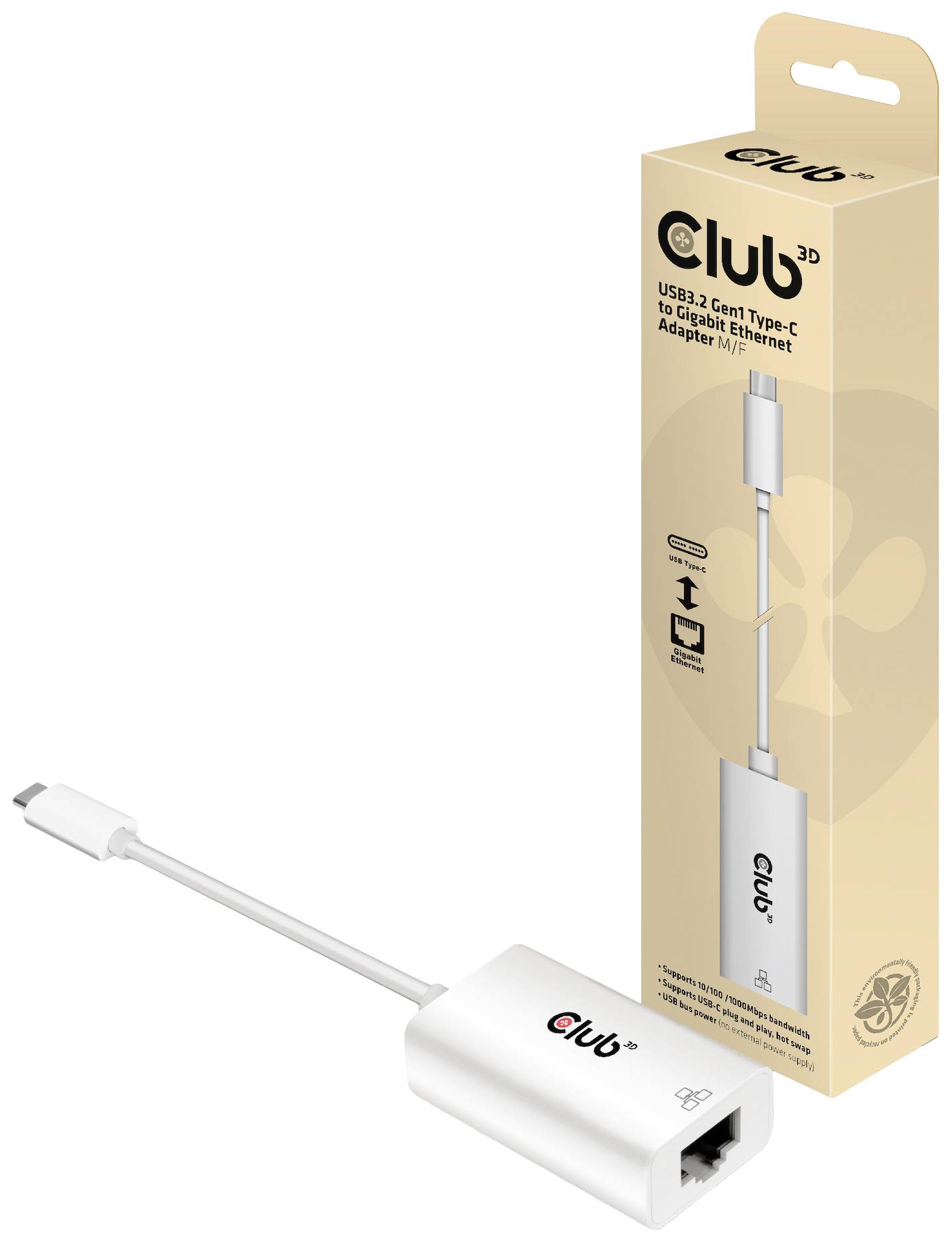 Club3D Adapter USB 3.2 Typ C - RJ-45 Adapter 10 / 100 / 1000MBit/s USB-C®, RJ45
