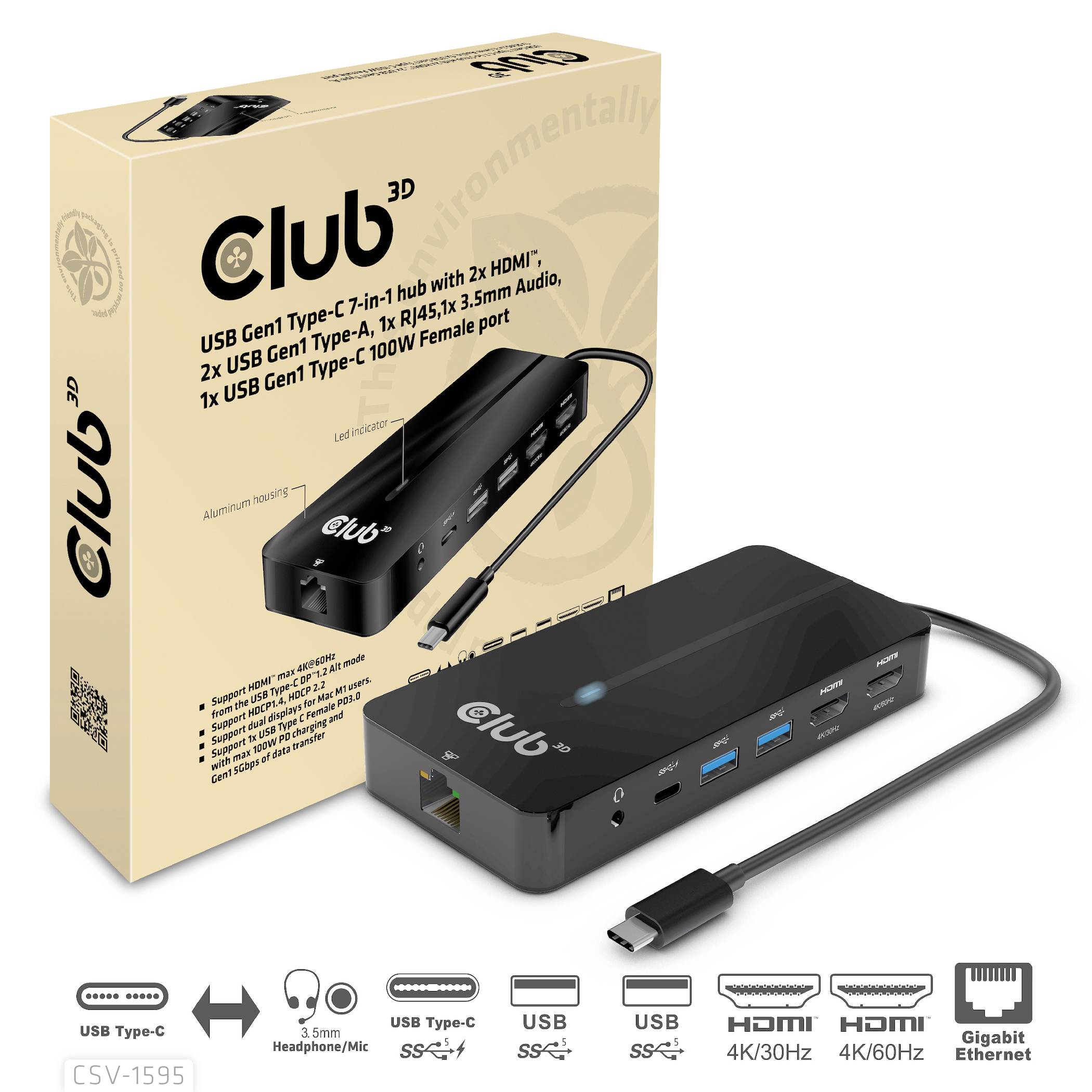 Club3D USB-C® Dockingstation USB-7-in1-HUB USB-C Passend für Marke Dockingstations: Club 3D