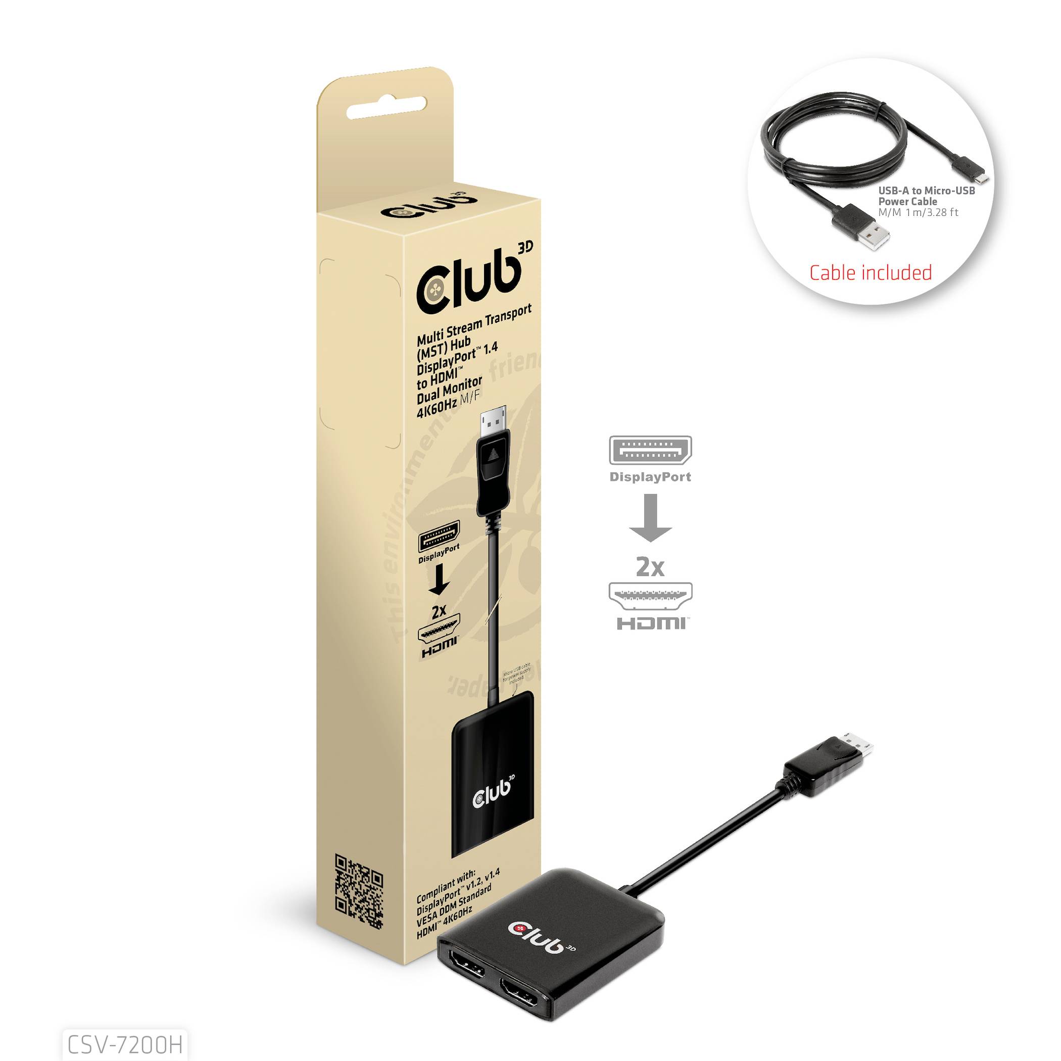 Verpackung eines Multi-Stream-Transport-Adapters mit DisplayPort-Stecker und zwei HDMI-Anschlüssen, USB-Kabel enthalten.