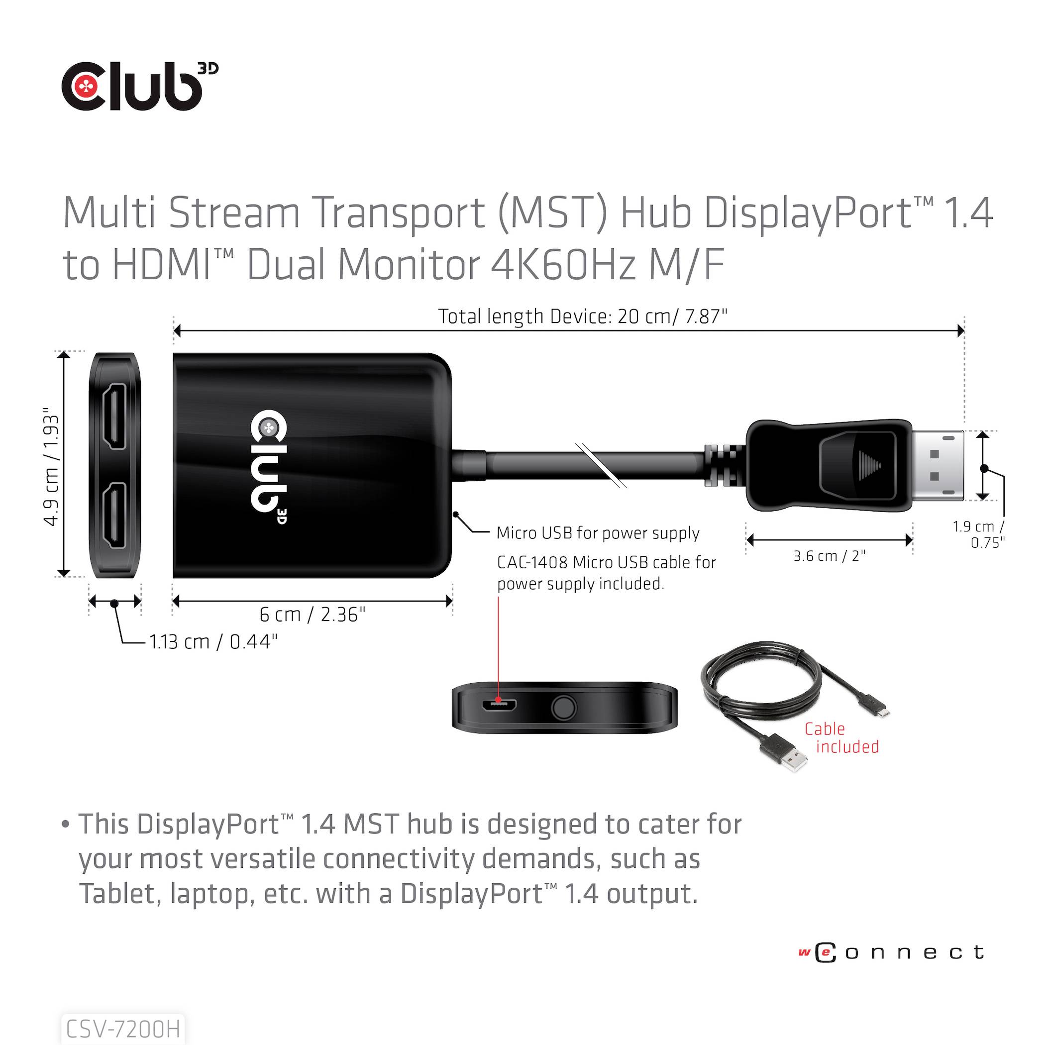 Der Club 3D MST-Hub DisplayPort 1.4 auf HDMI unterstützt zwei Monitore mit 4K60Hz. Enthält USB-Kabel für Stromversorgung.
