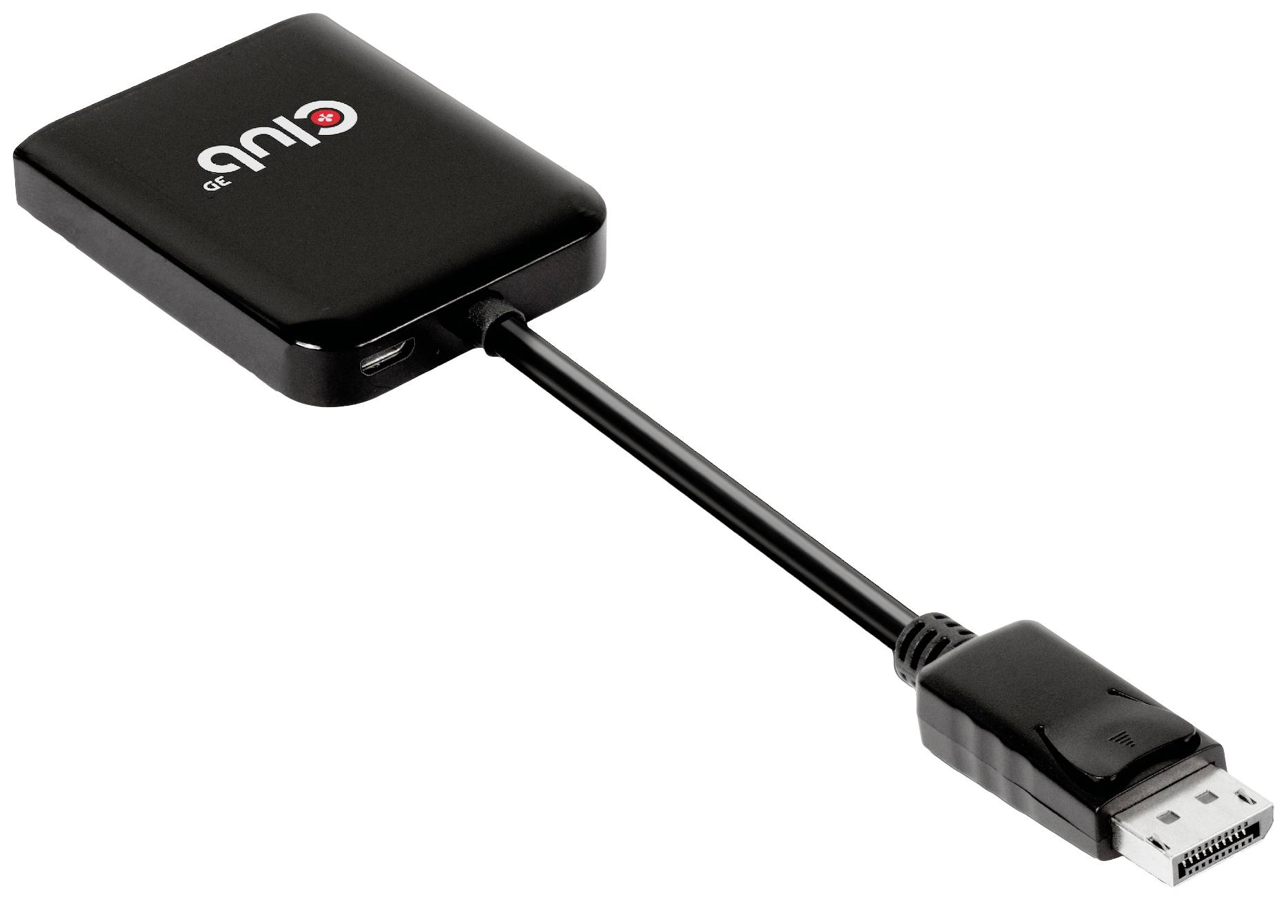 Schwarzer externer Adapter mit HDMI-Anschluss auf der einen Seite und USB-Anschluss auf der anderen. Dient zur Verbindung von Geräten.