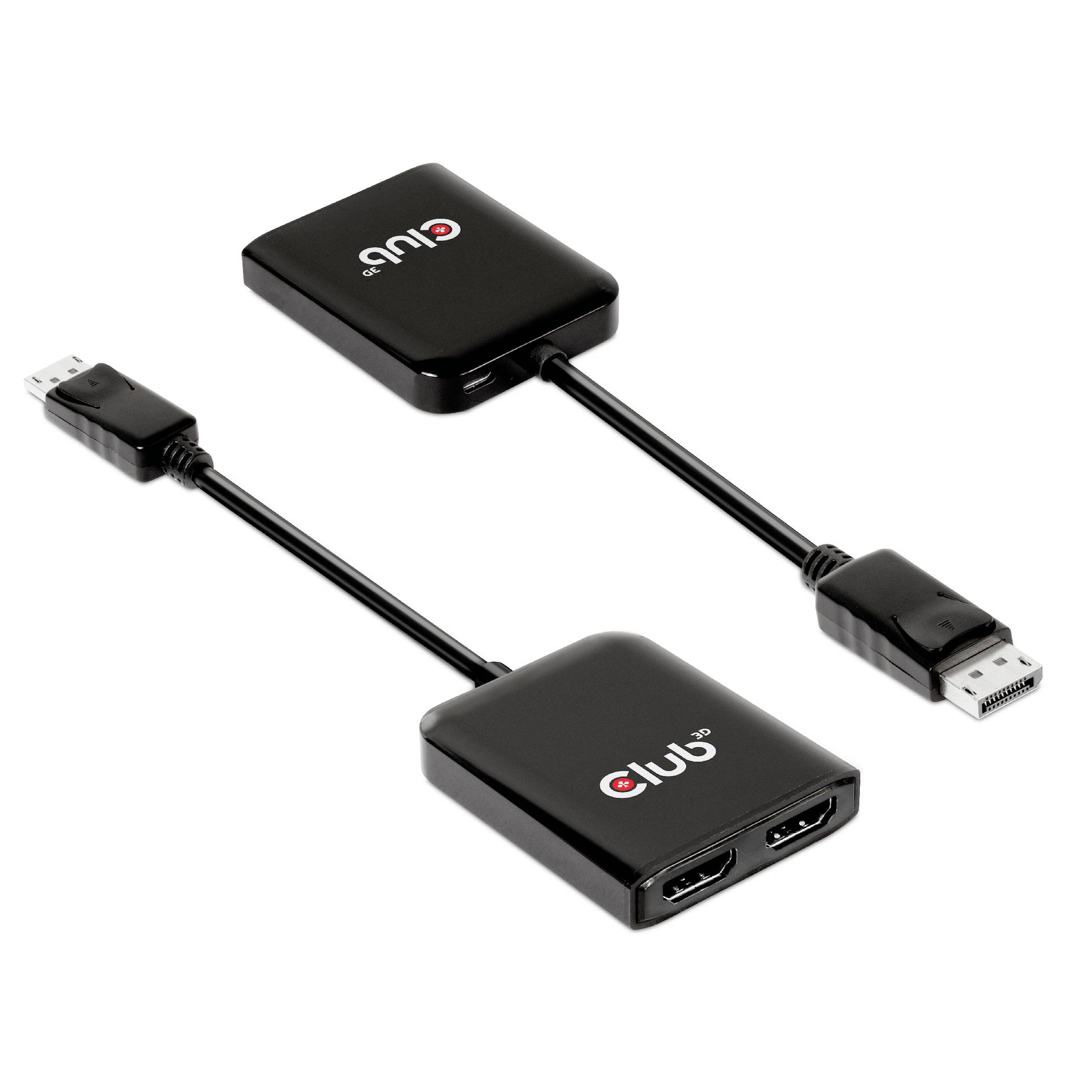 Zwei schwarze Adapter mit Kabel: Einer hat einen DisplayPort-Anschluss, der andere einen Mini-DisplayPort. Beide Adapter haben HDMI-Ausgänge.