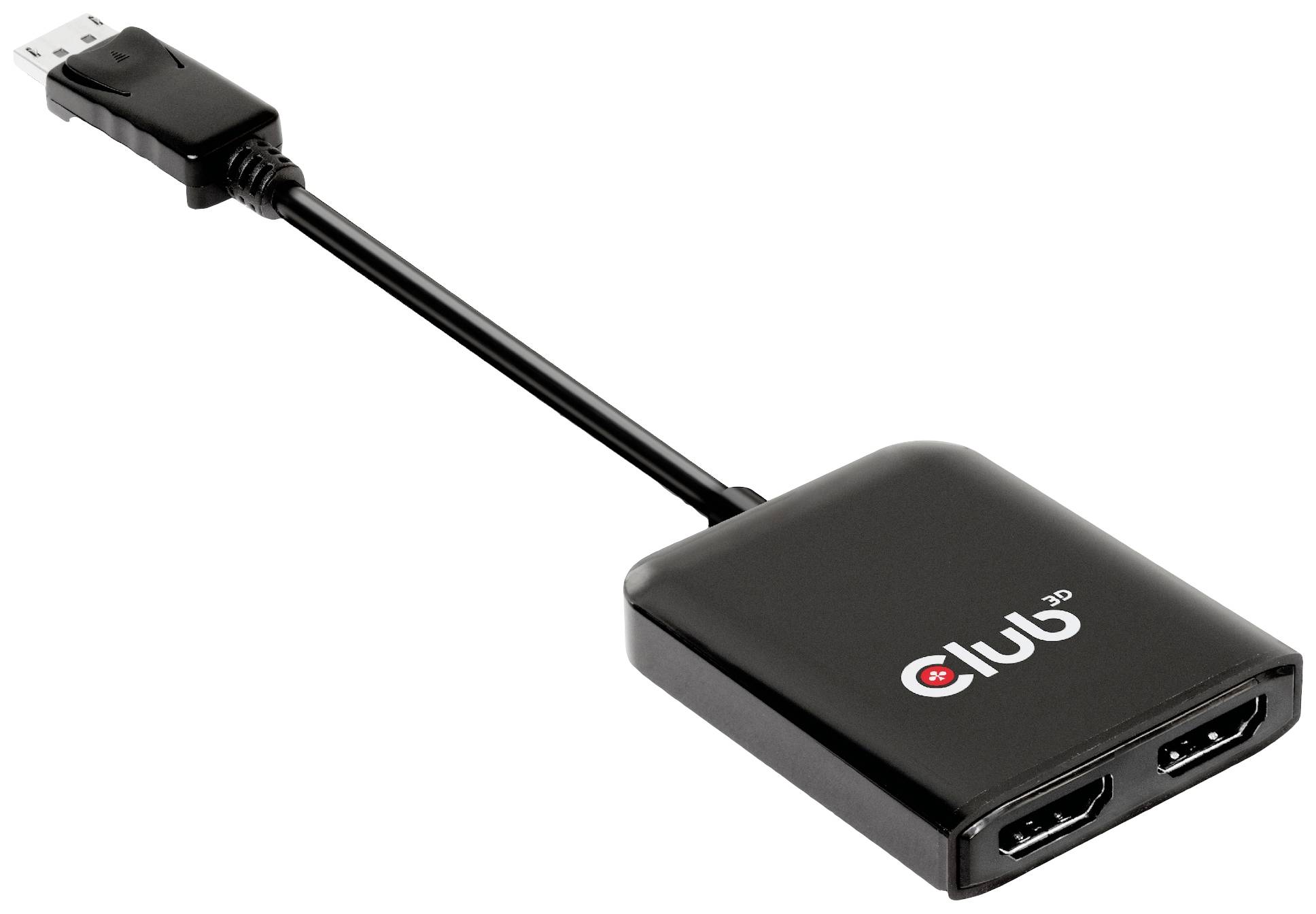 Schwarzer HDMI-zu-Dual-HDMI-Adapter mit kurzem Kabel, geeignet für die Verbindung von zwei HDMI-Geräten über einen Eingang.