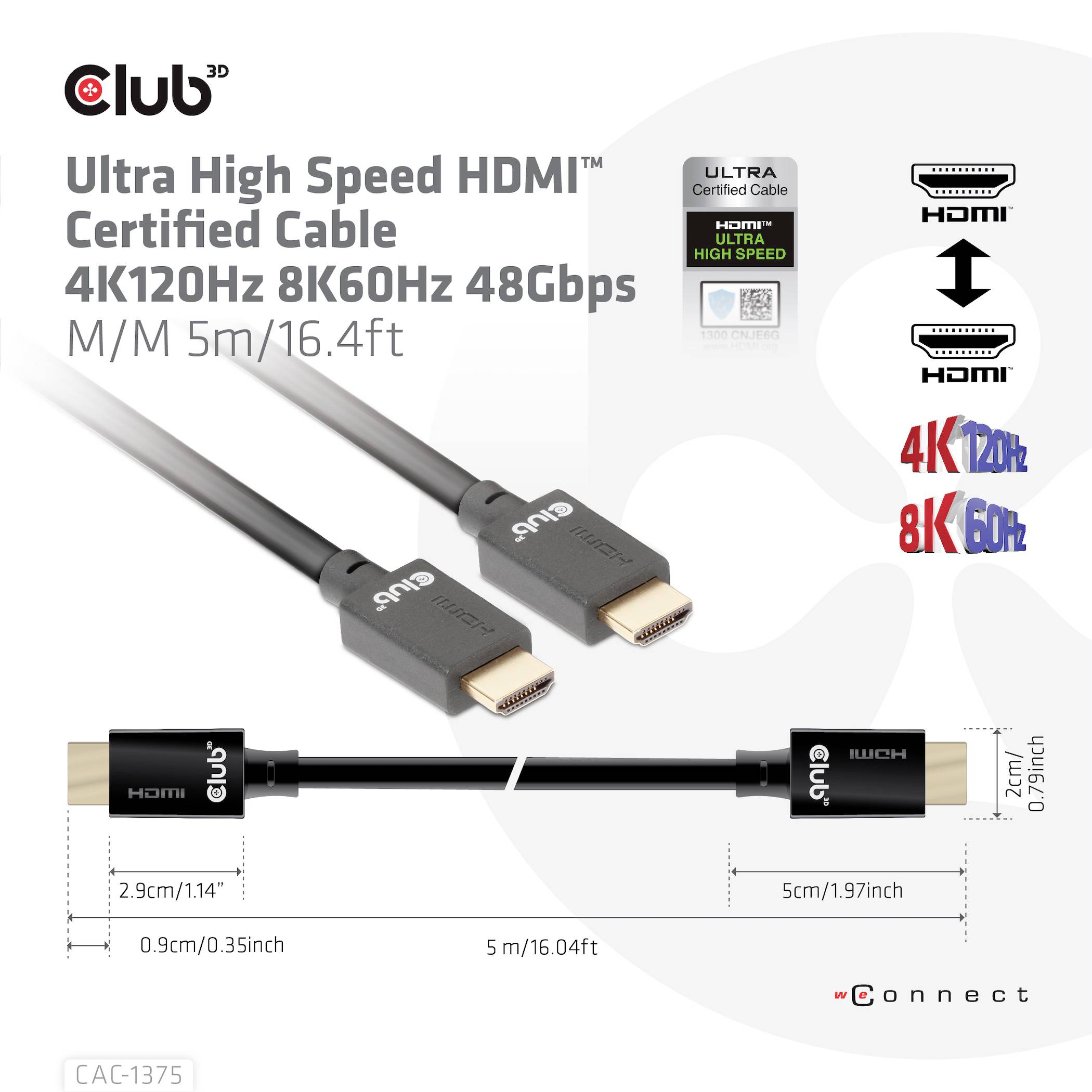 Club3D HDMI Anschlusskabel HDMI-A Stecker 5.00m Schwarz CAC-1375 HDMI-Kabel