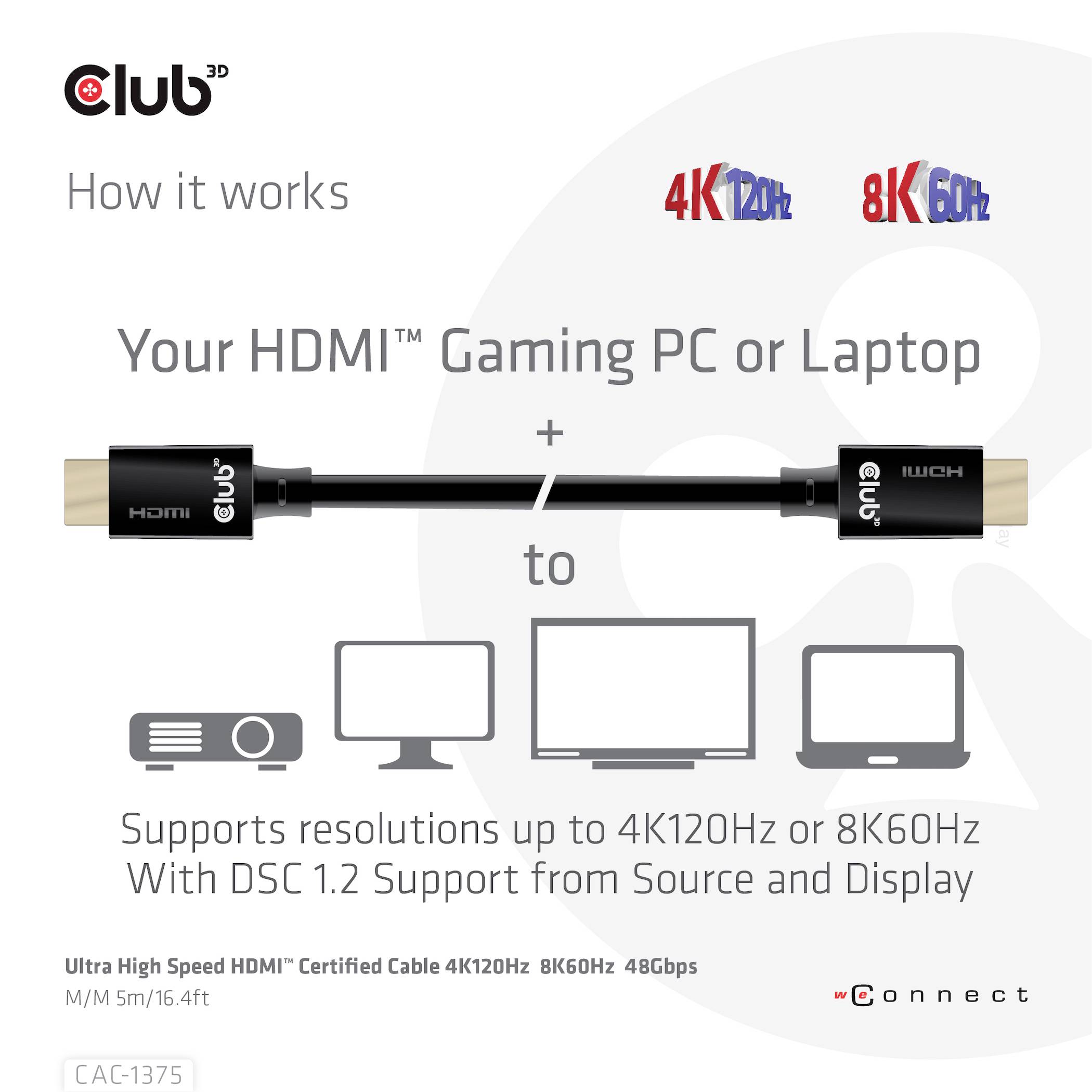 Club3D HDMI Anschlusskabel HDMI-A Stecker 5.00m Schwarz CAC-1375 HDMI-Kabel