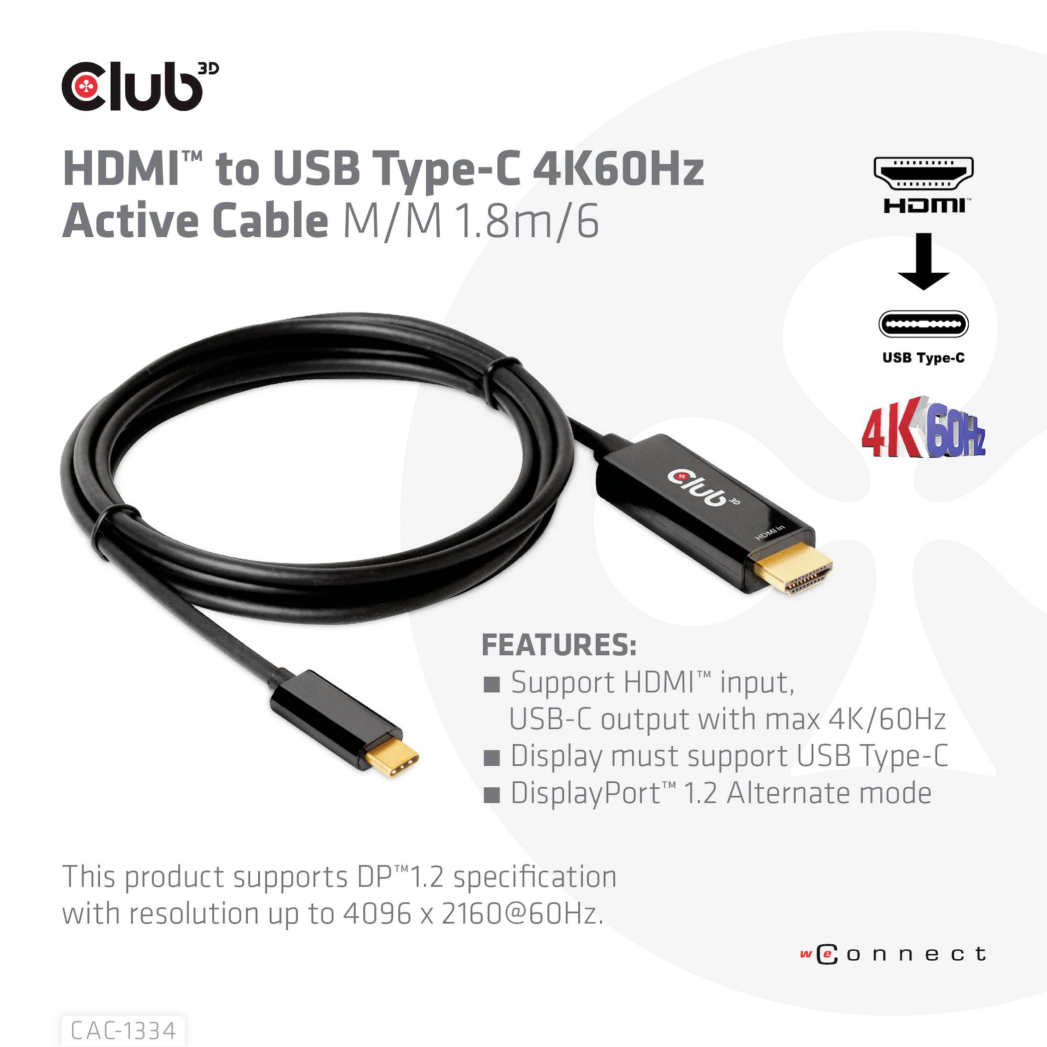 Club3D HDMI / USB-C® Anschlusskabel HDMI-A Stecker, USB-C® Stecker 1.80m Schwarz CAC-1334 HDMI-Kabel