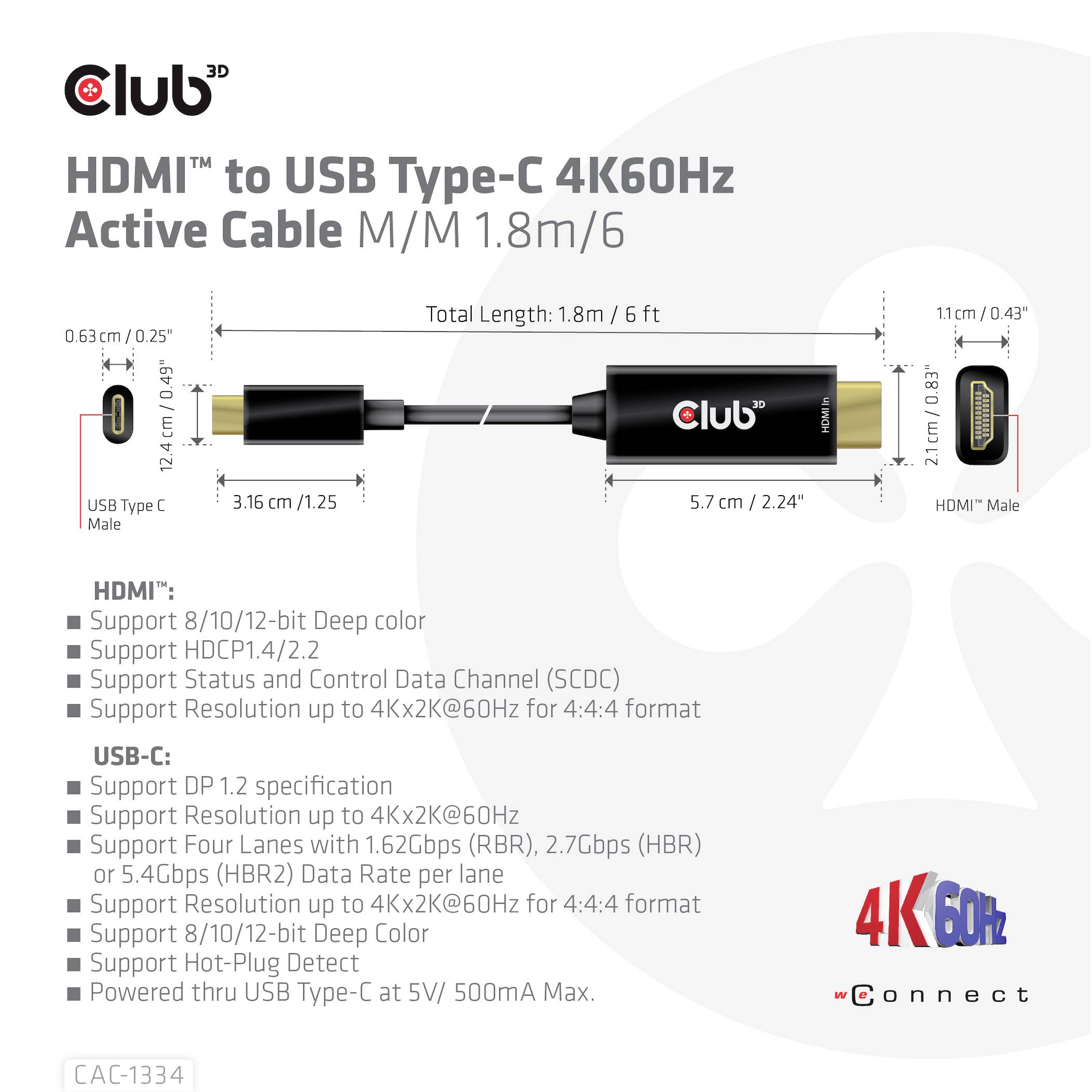 Club3D HDMI / USB-C® Anschlusskabel HDMI-A Stecker, USB-C® Stecker 1.80m Schwarz CAC-1334 HDMI-Kabel