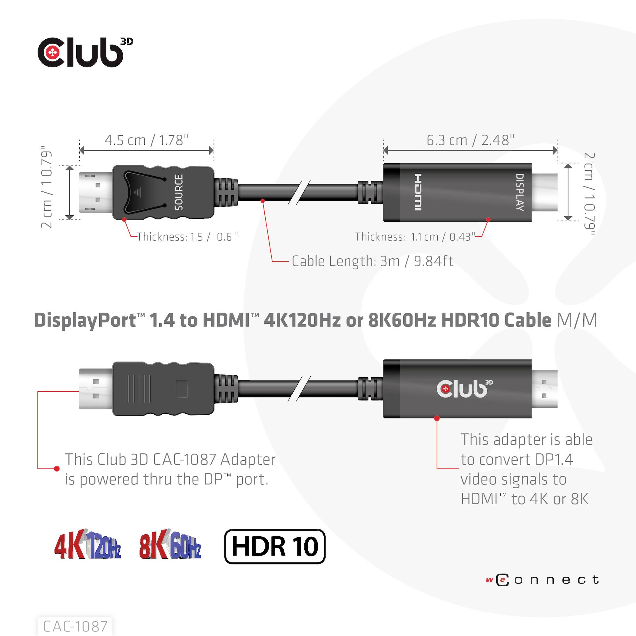 Club3D DisplayPort / HDMI Anschlusskabel DisplayPort Stecker, HDMI-A Stecker 3.00m Schwarz CAC-1087 DisplayPort-Kabel