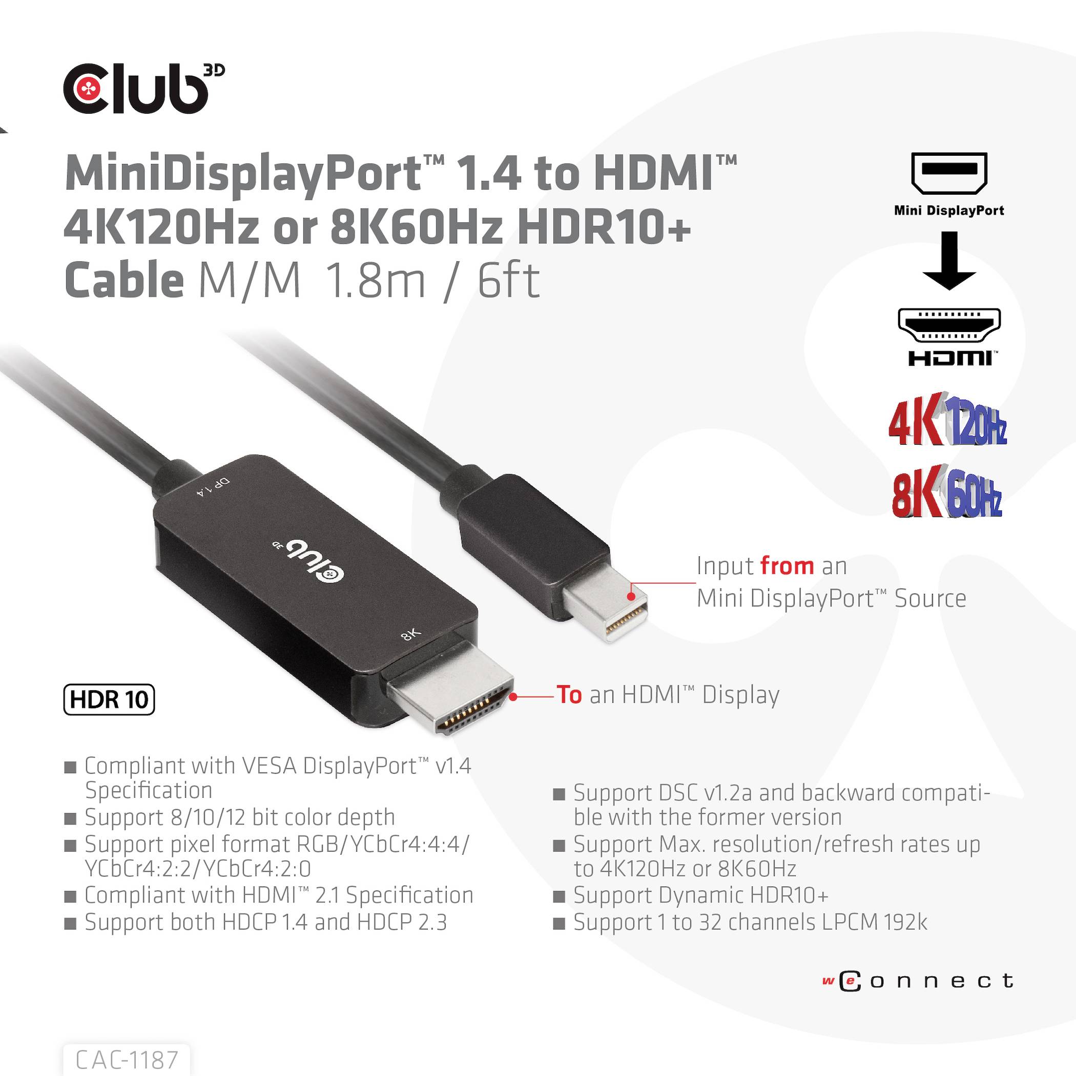 Club3D Mini-DisplayPort / HDMI Anschlusskabel Mini DisplayPort Stecker, HDMI-A Stecker 1.80m Schwarz CAC-1187 DisplayPort-Kabel