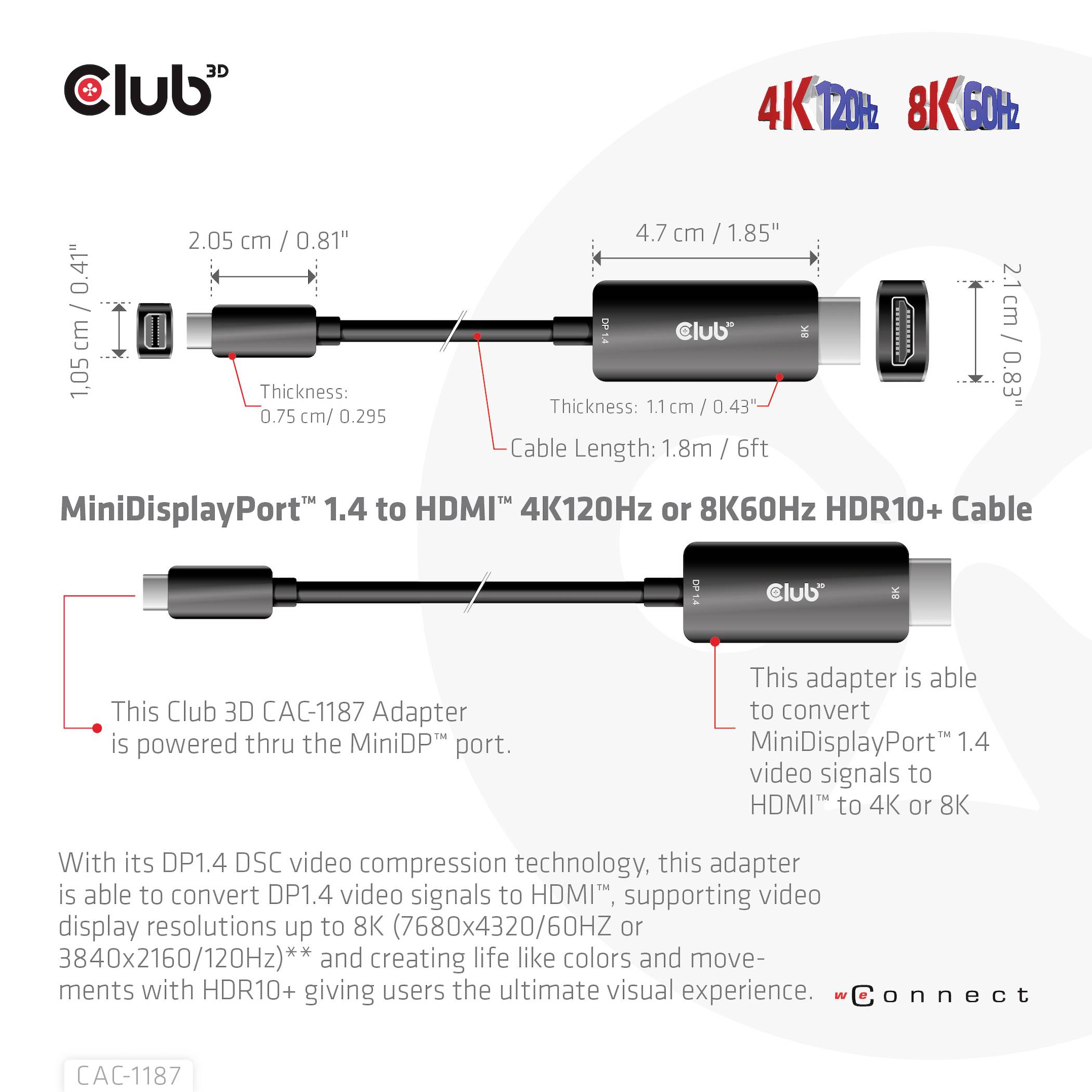 Club3D Mini-DisplayPort / HDMI Anschlusskabel Mini DisplayPort Stecker, HDMI-A Stecker 1.80m Schwarz CAC-1187 DisplayPort-Kabel