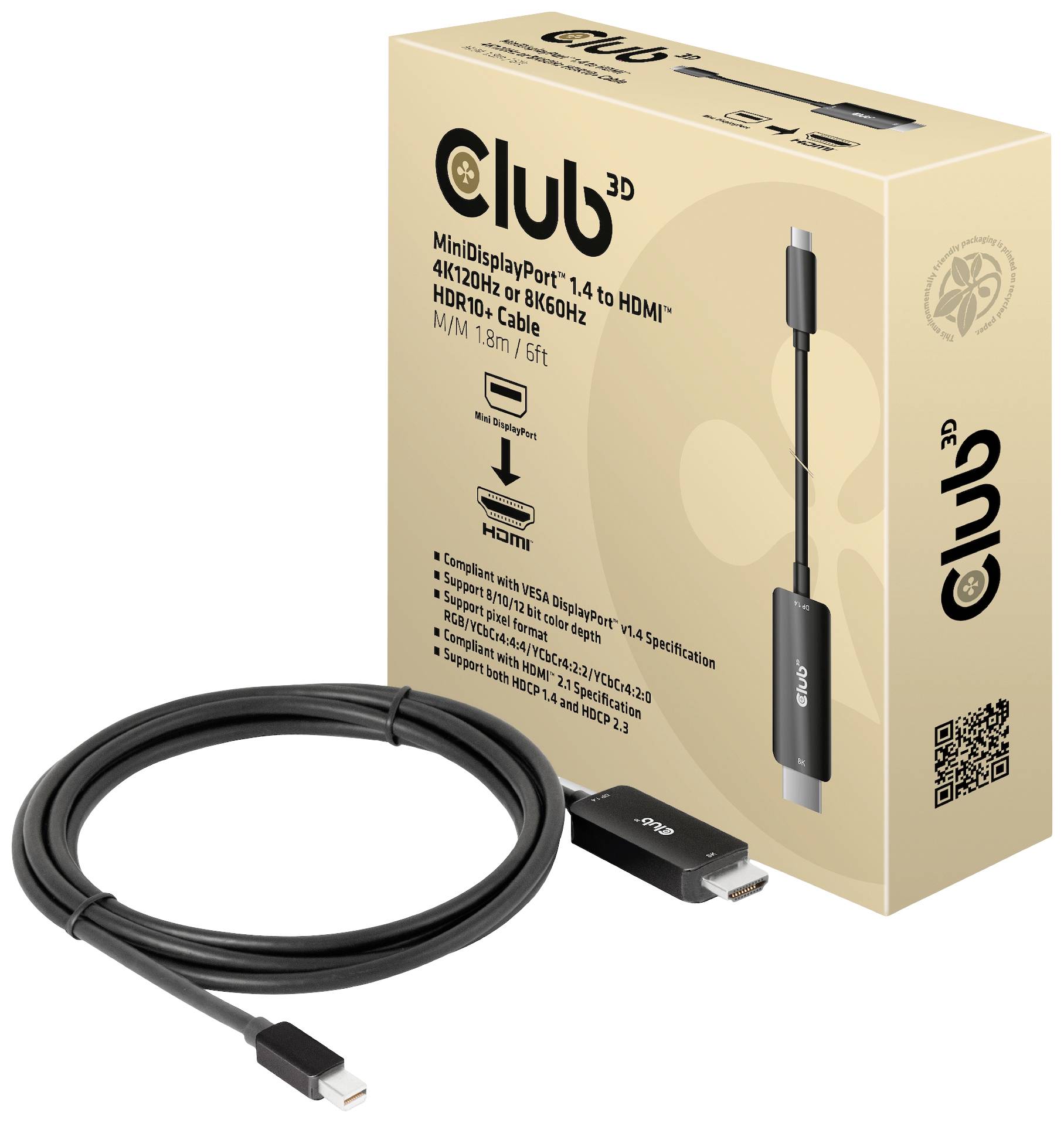 Club3D Mini-DisplayPort / HDMI Anschlusskabel Mini DisplayPort Stecker, HDMI-A Stecker 1.80m Schwarz CAC-1187 DisplayPort-Kabel