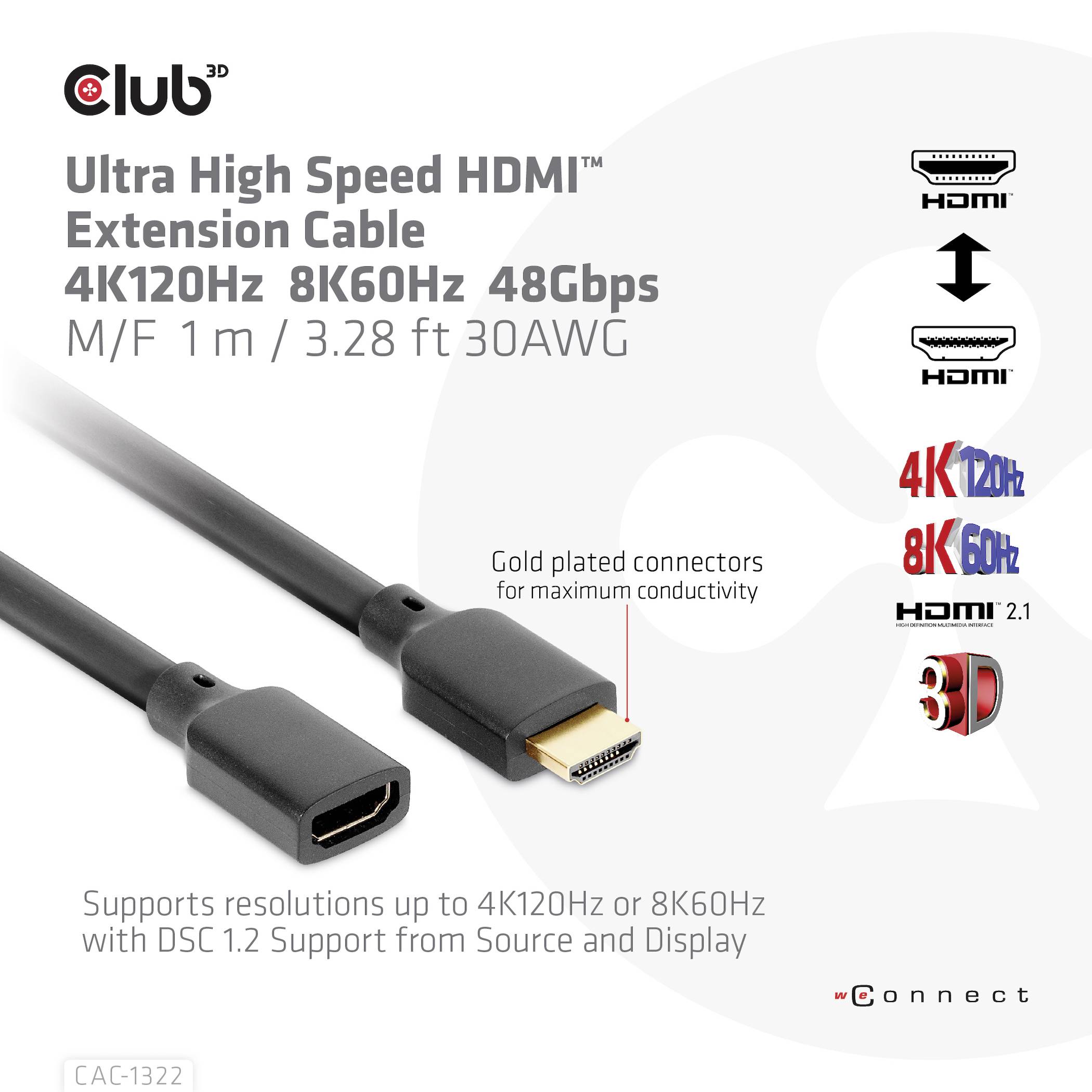 Club3D HDMI Anschlusskabel HDMI-A Stecker, HDMI-A Buchse 1.00m Schwarz CAC-1322 HDMI-Kabel