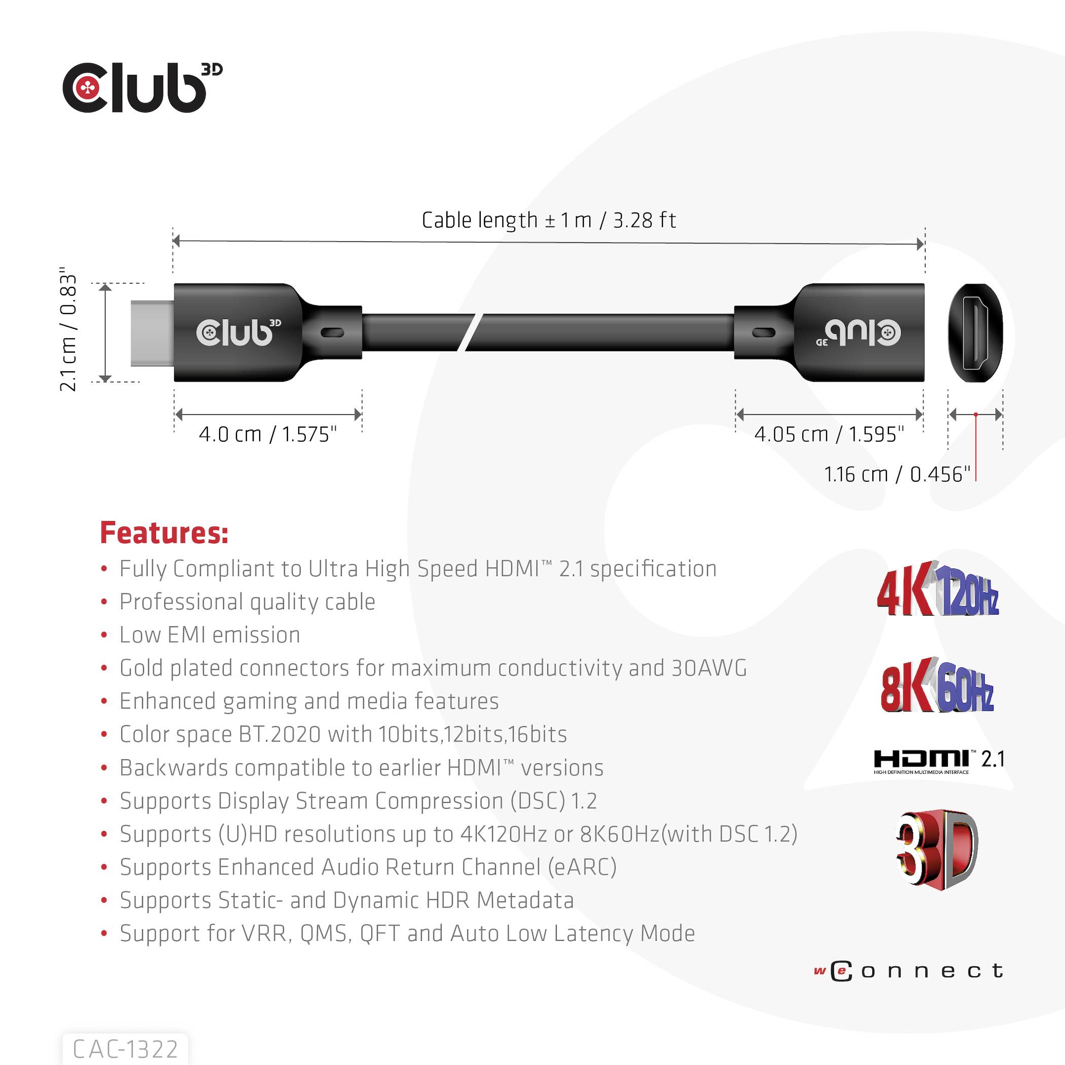 Club3D HDMI Anschlusskabel HDMI-A Stecker, HDMI-A Buchse 1.00m Schwarz CAC-1322 HDMI-Kabel