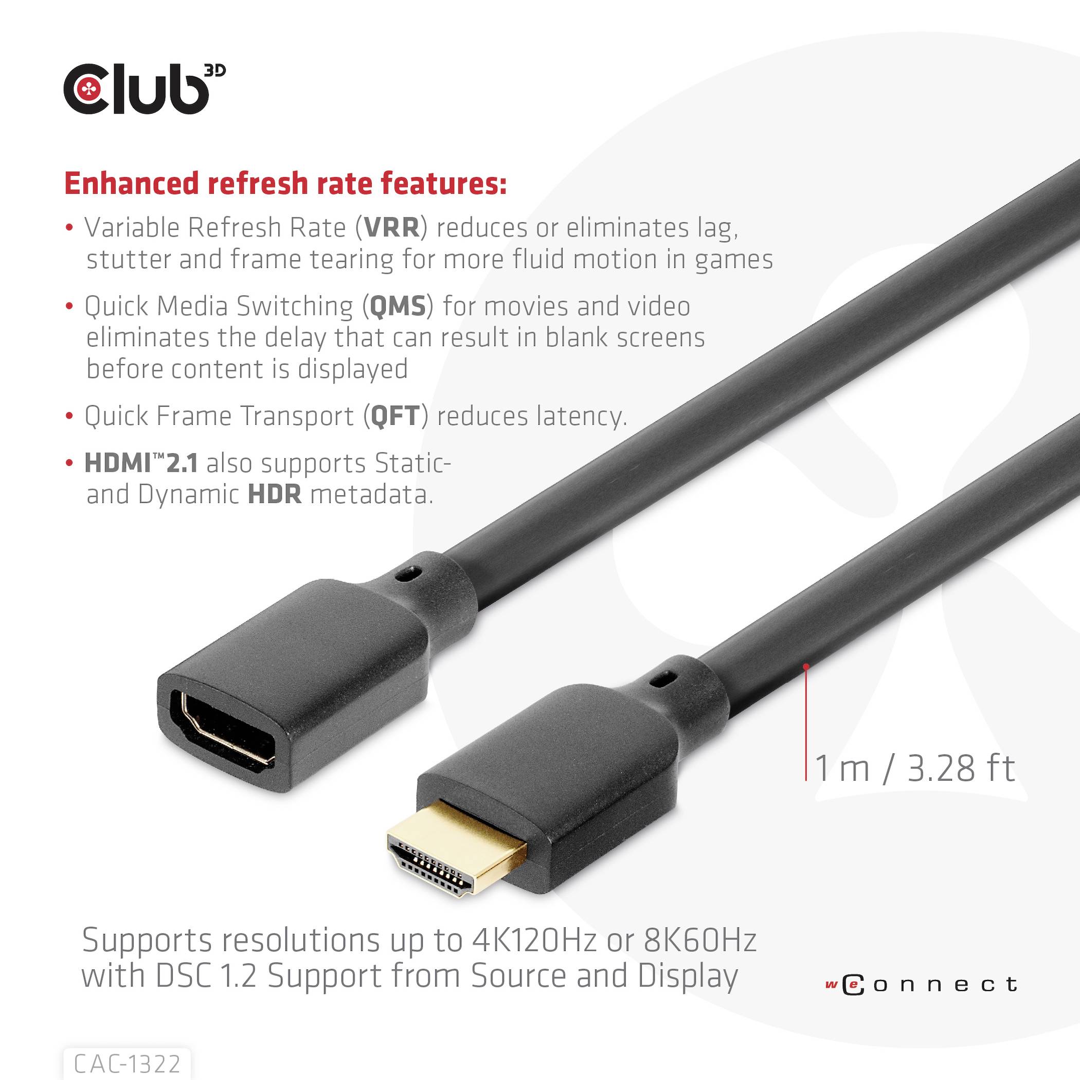 Club3D HDMI Anschlusskabel HDMI-A Stecker, HDMI-A Buchse 1.00m Schwarz CAC-1322 HDMI-Kabel