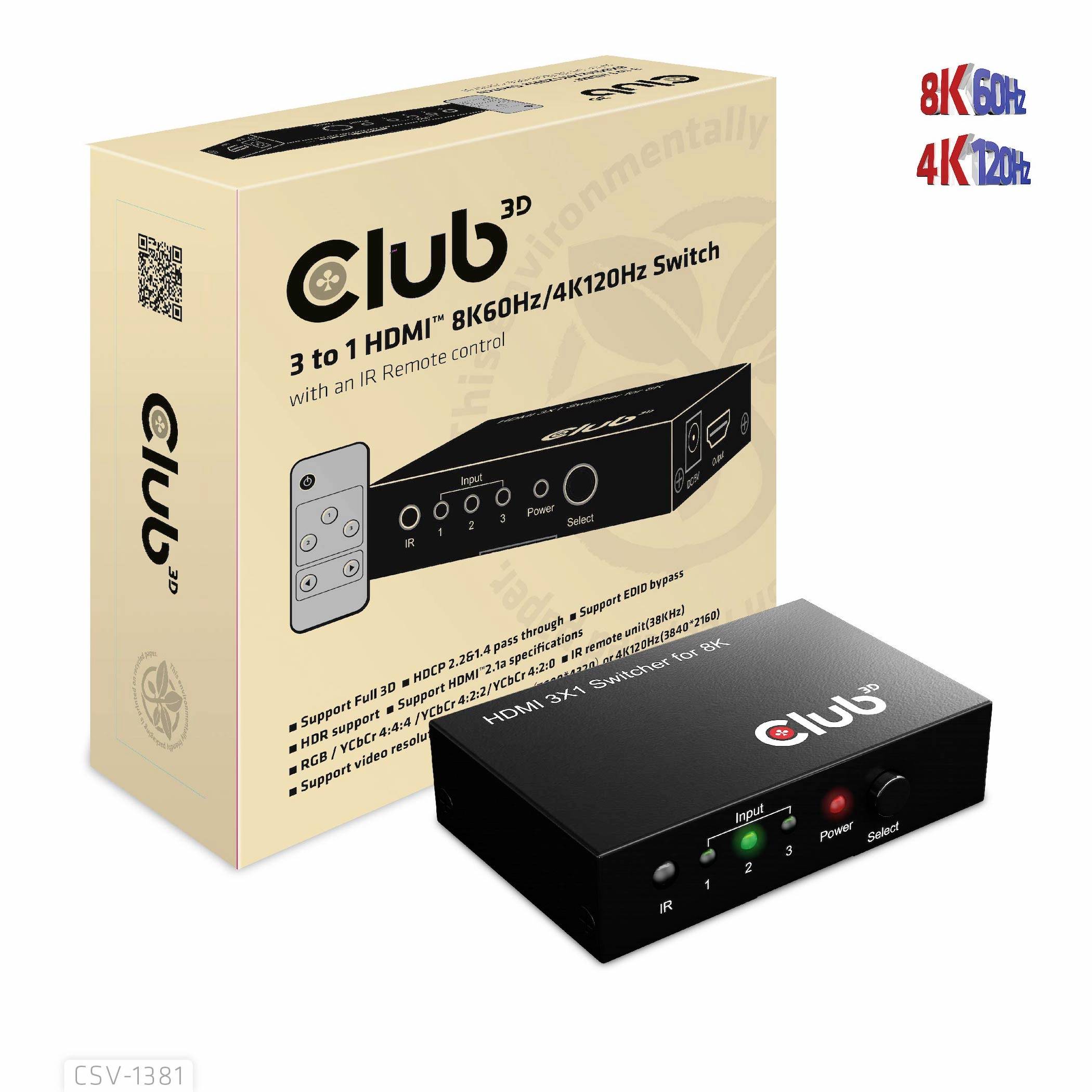 Club3D HDMI Switchbox 3 Port HDMI-Switch mit Fernbedienung 7680 x 4320 Pixel