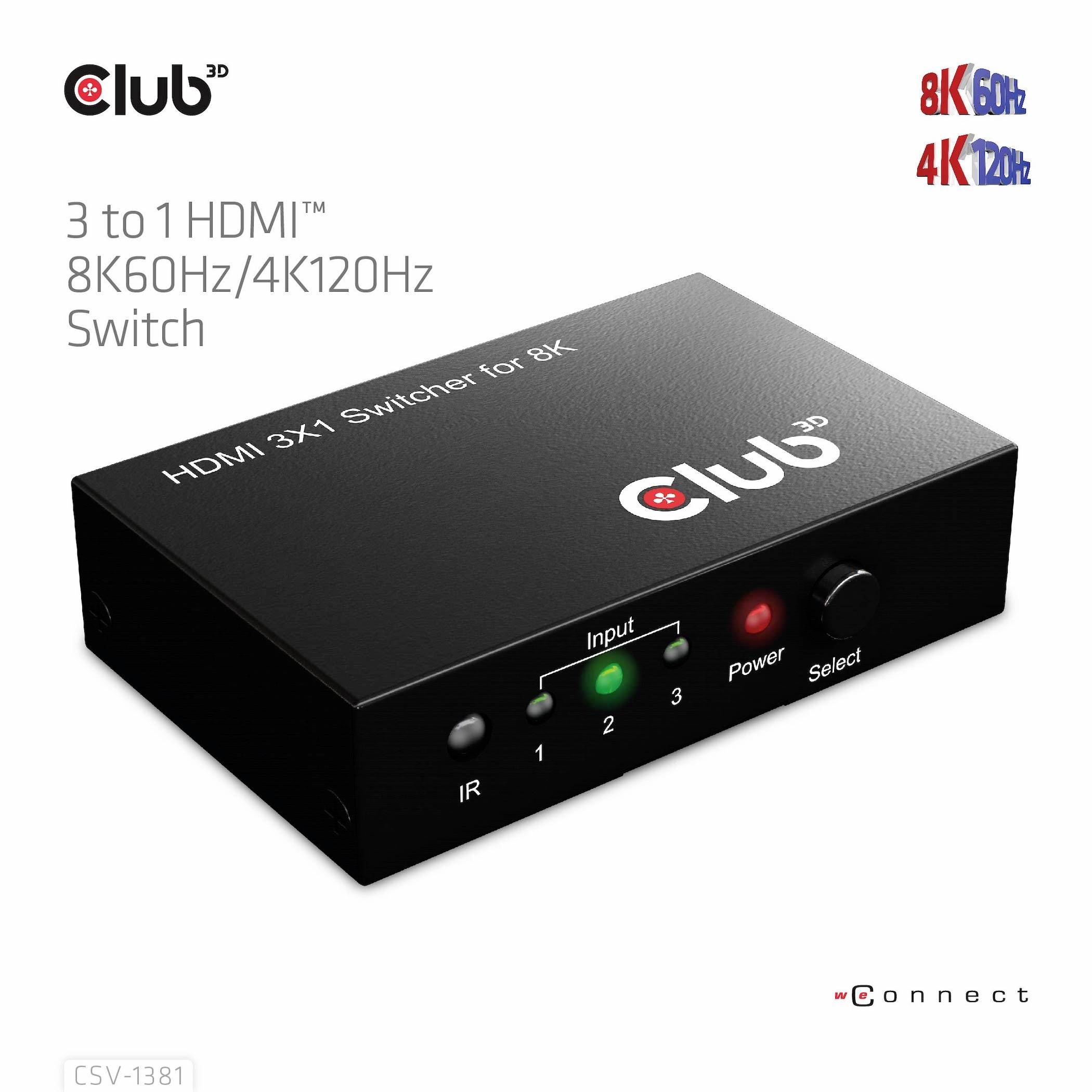 Club3D HDMI Switchbox 3 Port HDMI-Switch mit Fernbedienung 7680 x 4320 Pixel