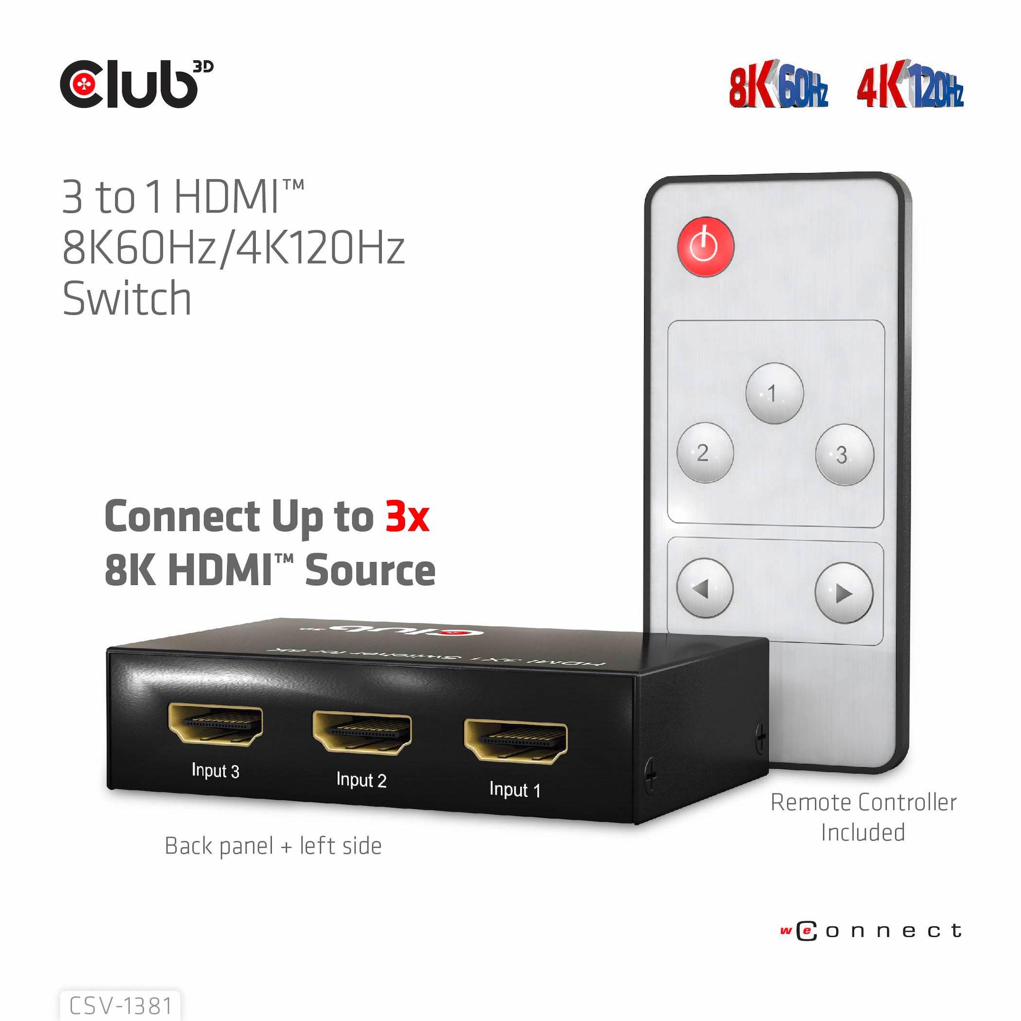 Club3D HDMI Switchbox 3 Port HDMI-Switch mit Fernbedienung 7680 x 4320 Pixel