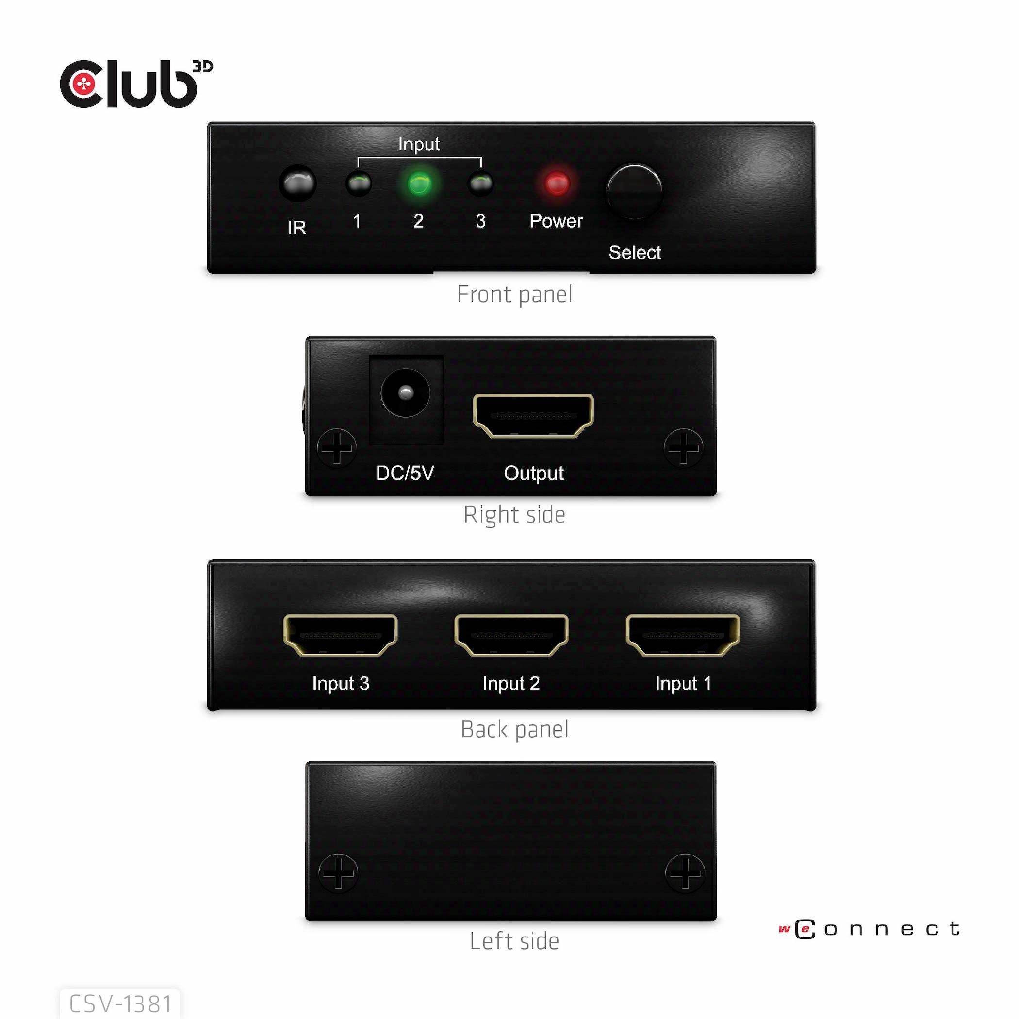 Club3D HDMI Switchbox 3 Port HDMI-Switch mit Fernbedienung 7680 x 4320 Pixel