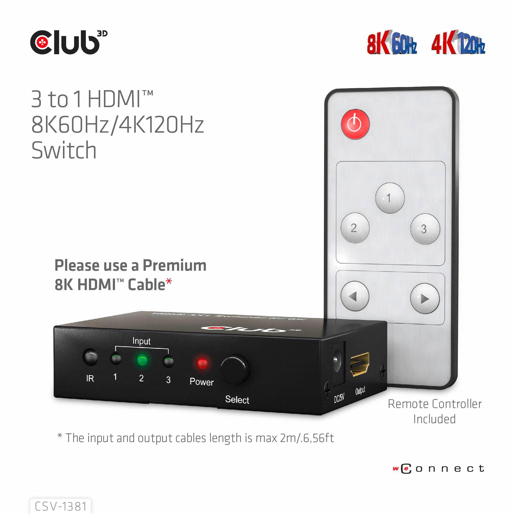 Club3D HDMI Switchbox 3 Port HDMI-Switch mit Fernbedienung 7680 x 4320 Pixel