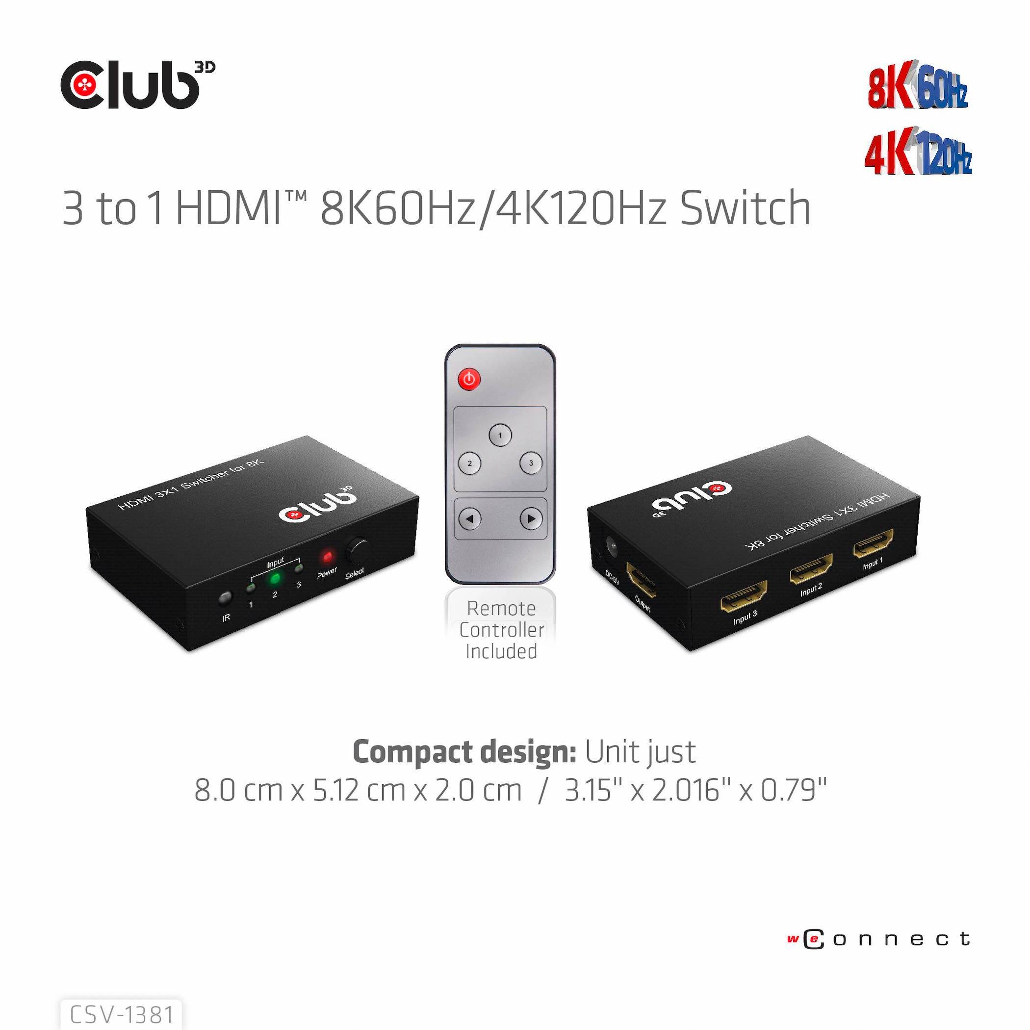 Club3D HDMI Switchbox 3 Port HDMI-Switch mit Fernbedienung 7680 x 4320 Pixel