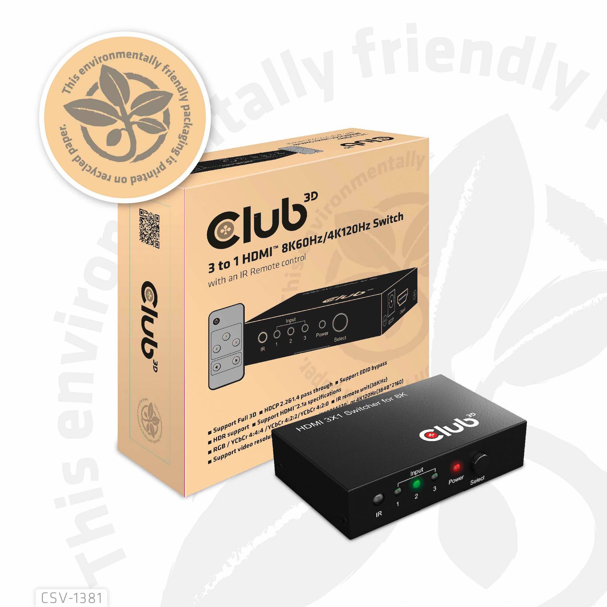 Club3D HDMI Switchbox 3 Port HDMI-Switch mit Fernbedienung 7680 x 4320 Pixel