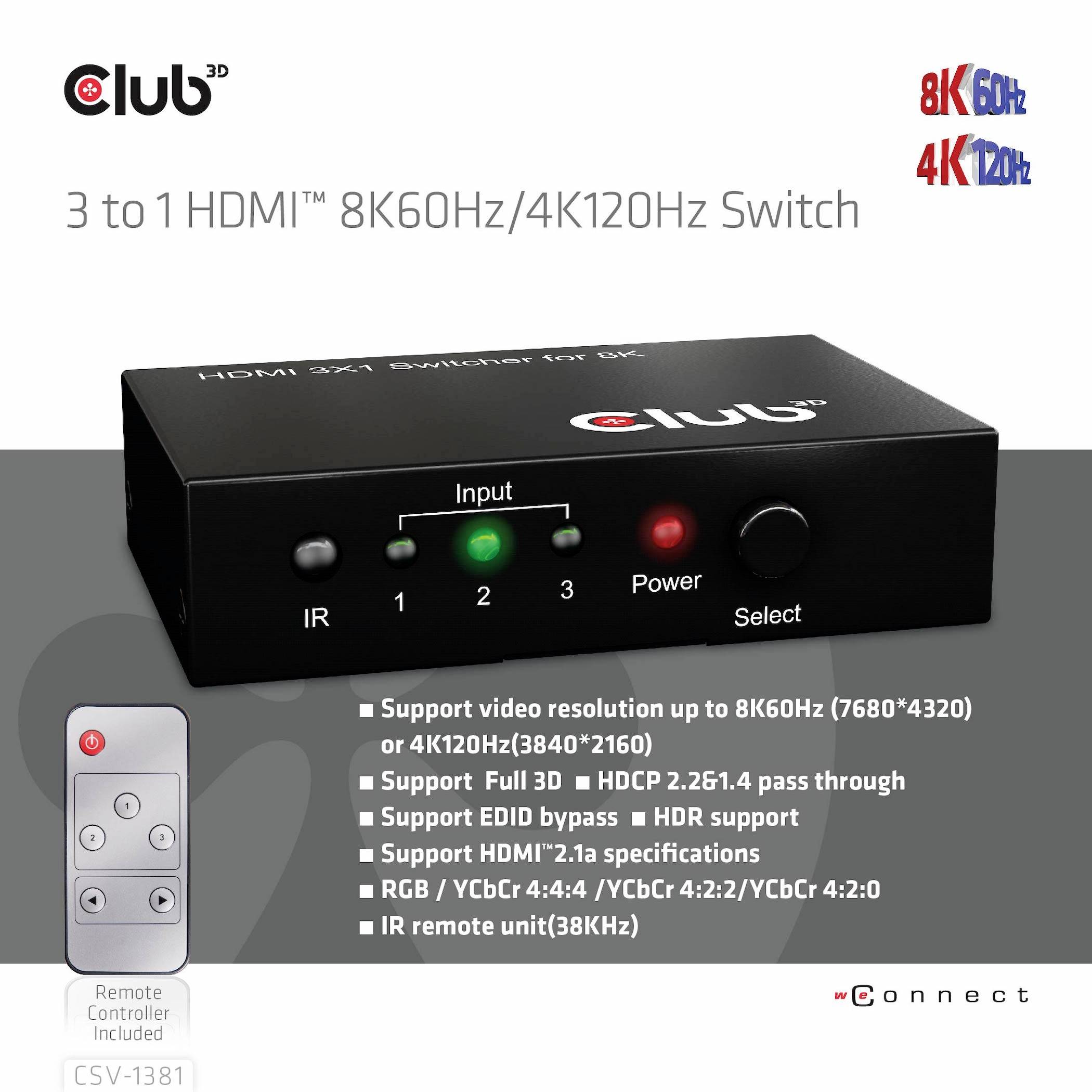 Club3D HDMI Switchbox 3 Port HDMI-Switch mit Fernbedienung 7680 x 4320 Pixel