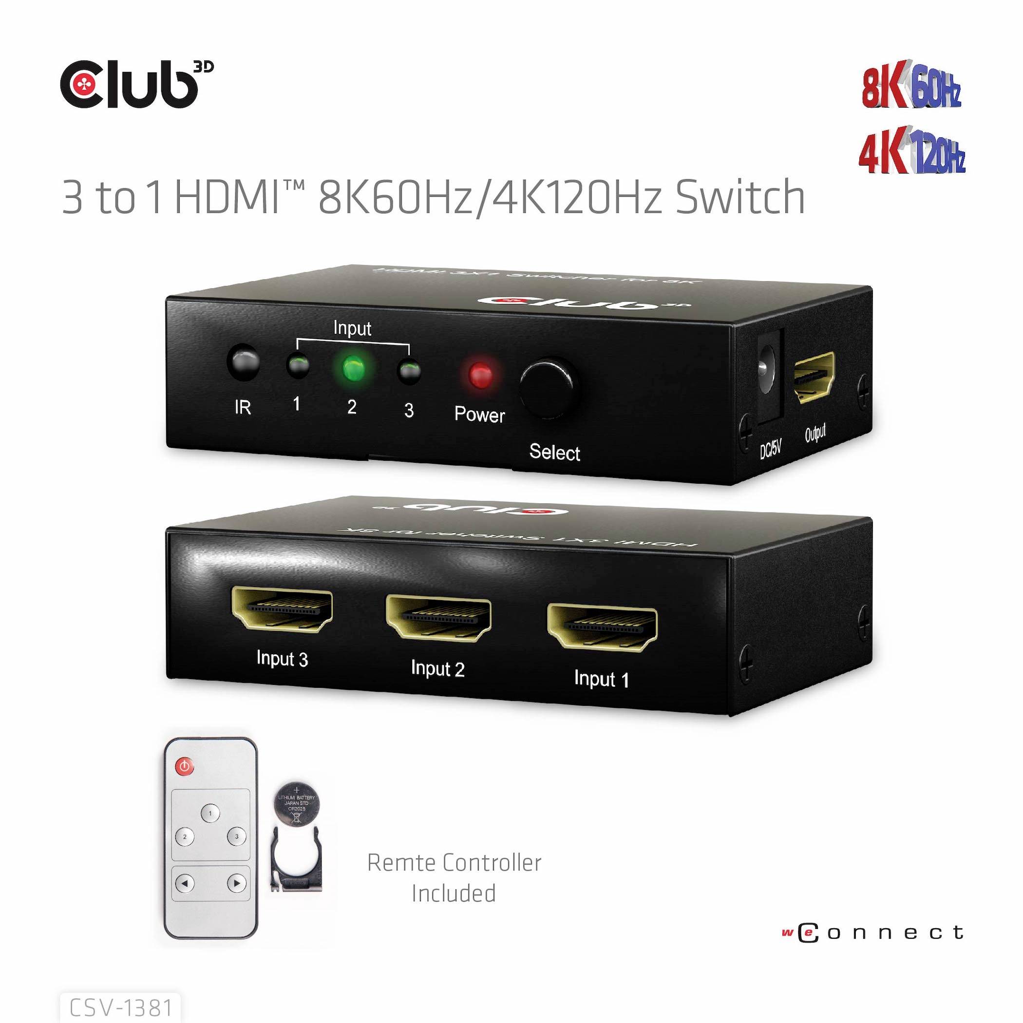 Club3D HDMI Switchbox 3 Port HDMI-Switch mit Fernbedienung 7680 x 4320 Pixel
