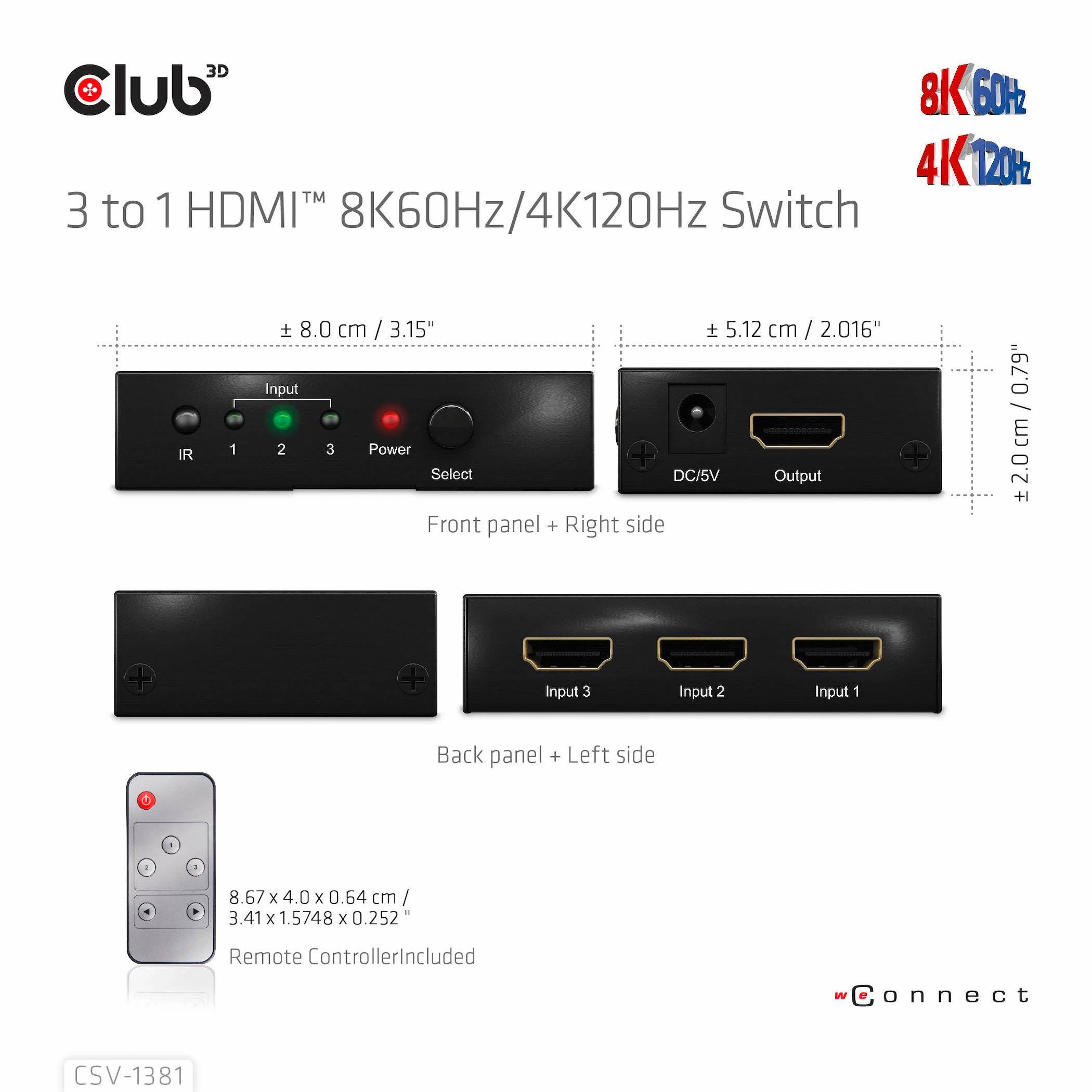 Club3D HDMI Switchbox 3 Port HDMI-Switch mit Fernbedienung 7680 x 4320 Pixel