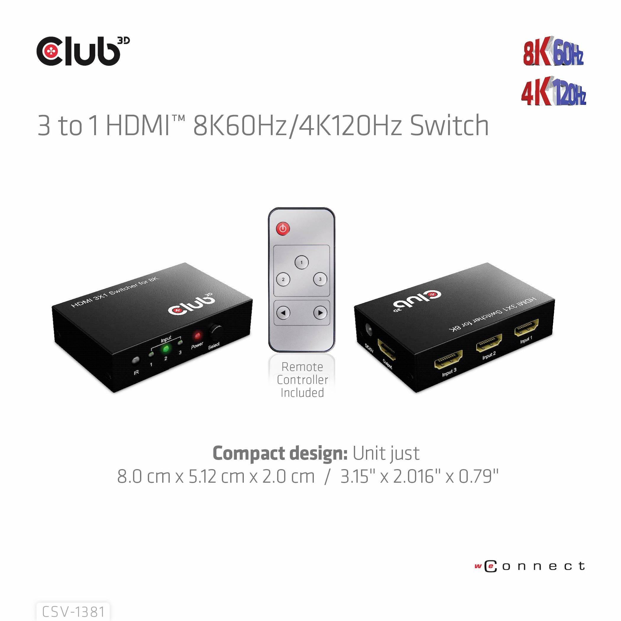 Club3D HDMI Switchbox 3 Port HDMI-Switch mit Fernbedienung 7680 x 4320 Pixel