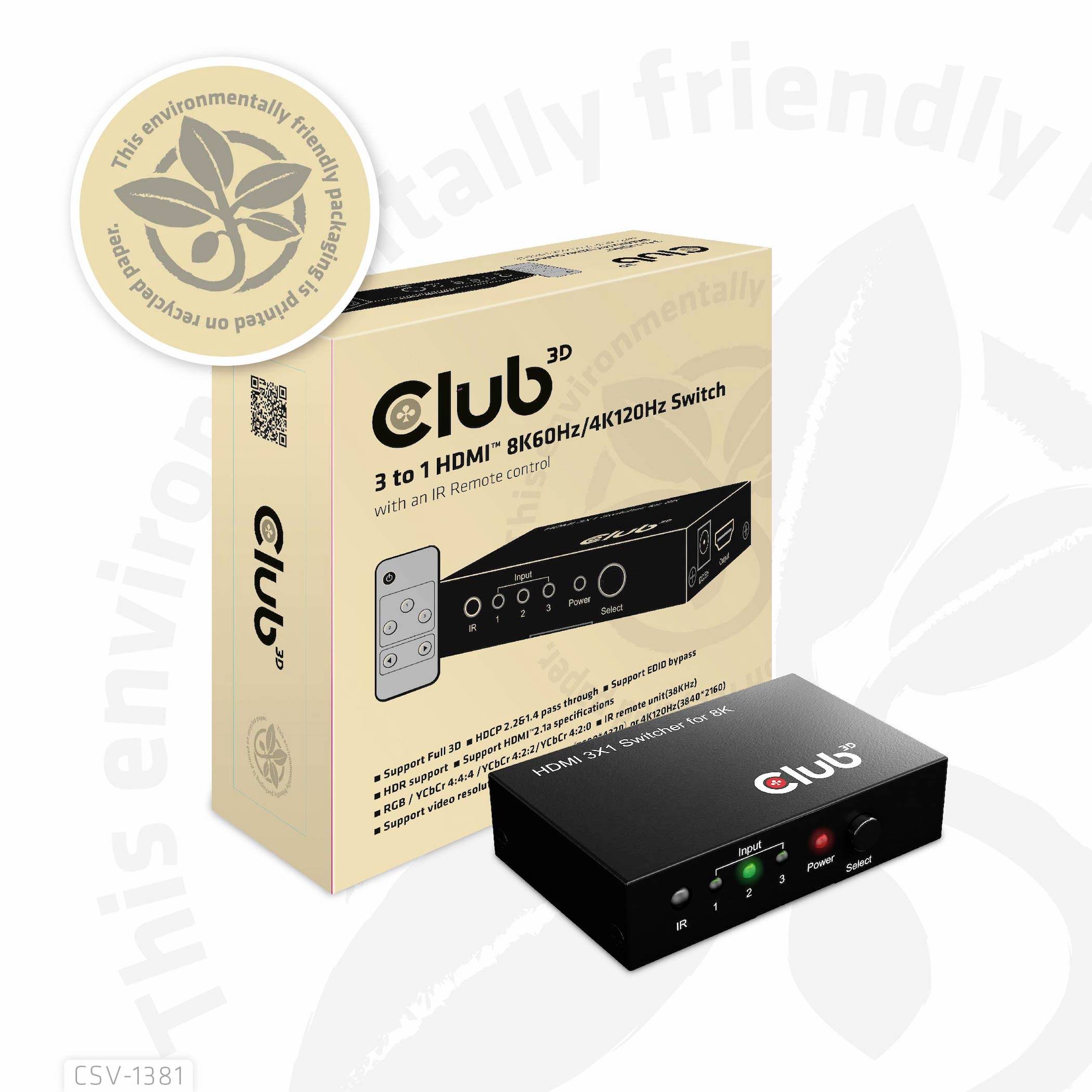 Club3D HDMI Switchbox 3 Port HDMI-Switch mit Fernbedienung 7680 x 4320 Pixel