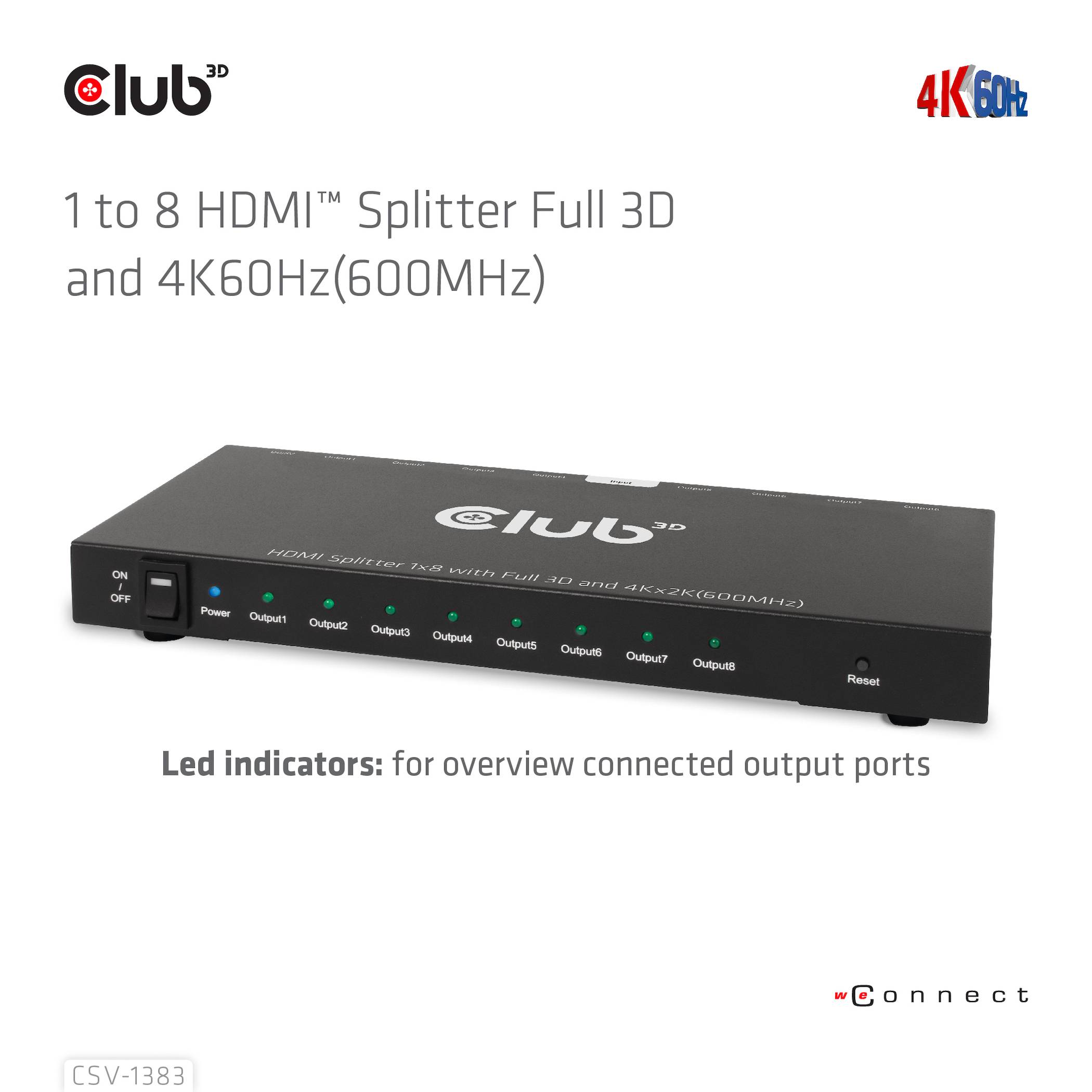 Ein 1-zu-8 HDMI-Splitter von Club 3D mit Unterstützung für Full 3D und 4K bei 60 Hz. LED-Anzeigen zeigen verbundene Ausgangsanschlüsse.