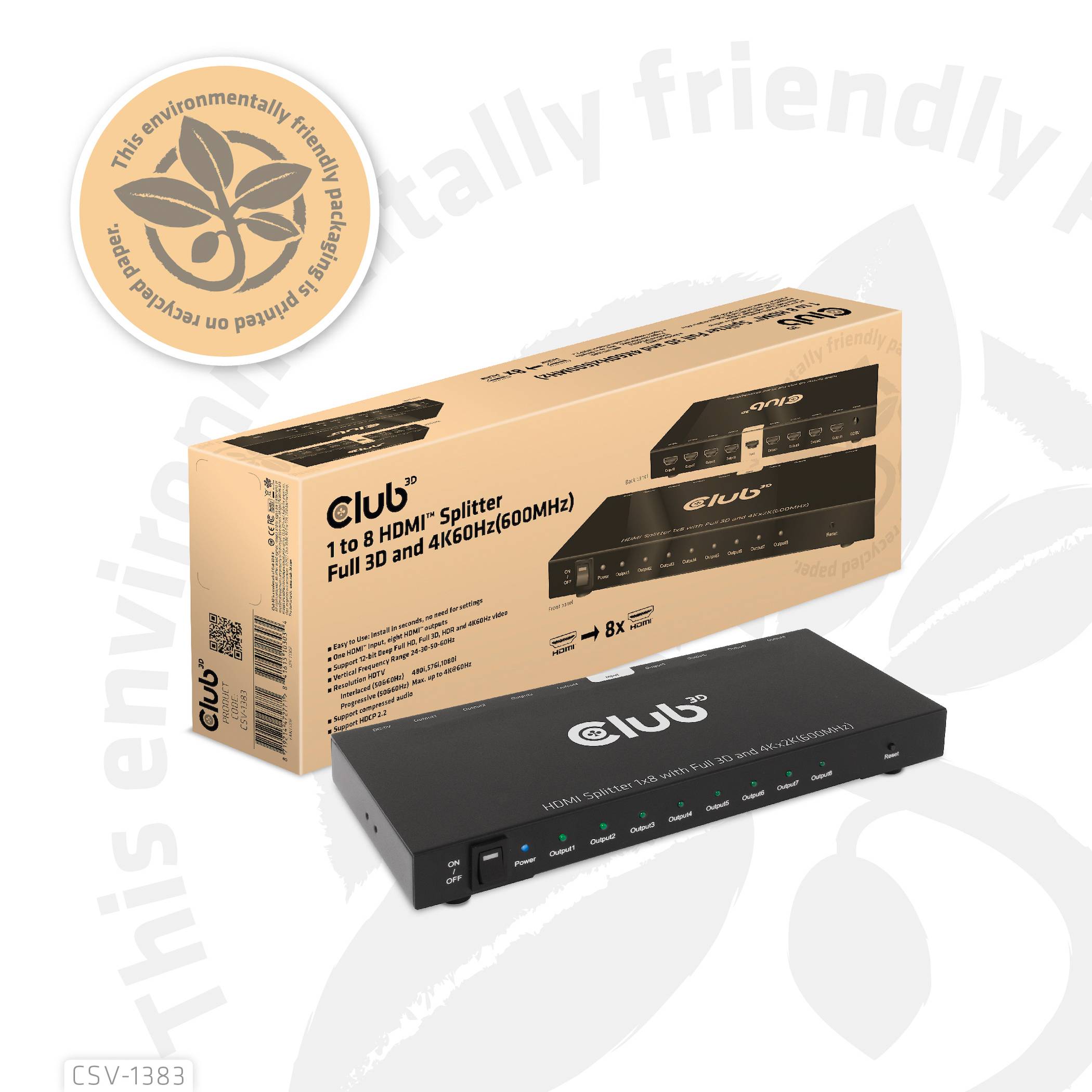 'CLUB 1 to 8 HDMI Splitter Full 3D and 4K@60Hz' Verpackung, zeigt ein Produktbild des HDMI-Splitters mit umweltfreundlichem Hinweis.