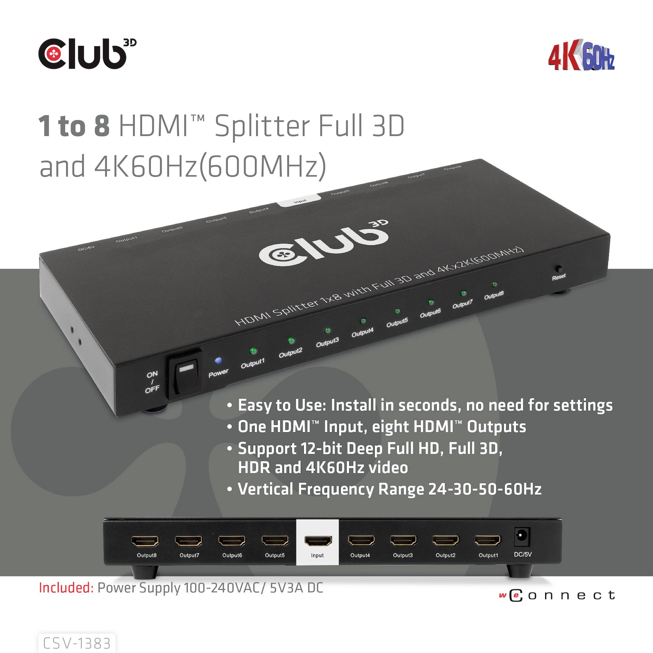 '1 zu 8 HDMI Splitter für Full 3D und 4K60Hz.' Zeigt das Gerät mit HDMI-Anschlüssen. Text hebt einfache Handhabung und Spezifikationen hervor.