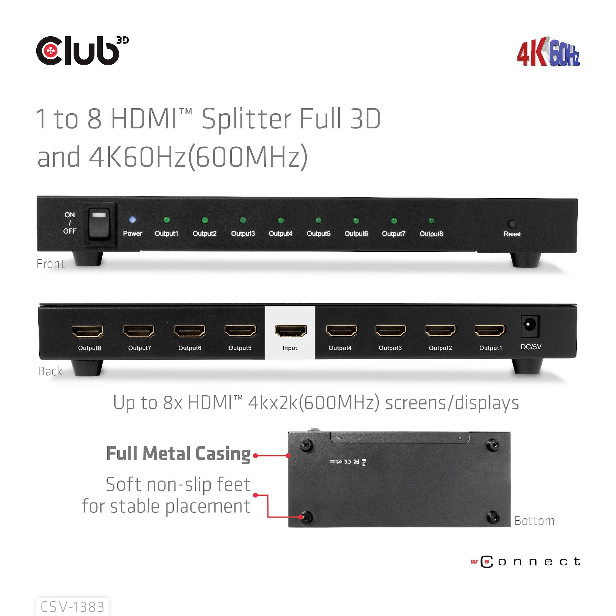 '1 zu 8 HDMI Splitter' mit Full 3D und 4K60Hz-Unterstützung. Vorderansicht zeigt Anschlüsse und Kontrollleuchten.