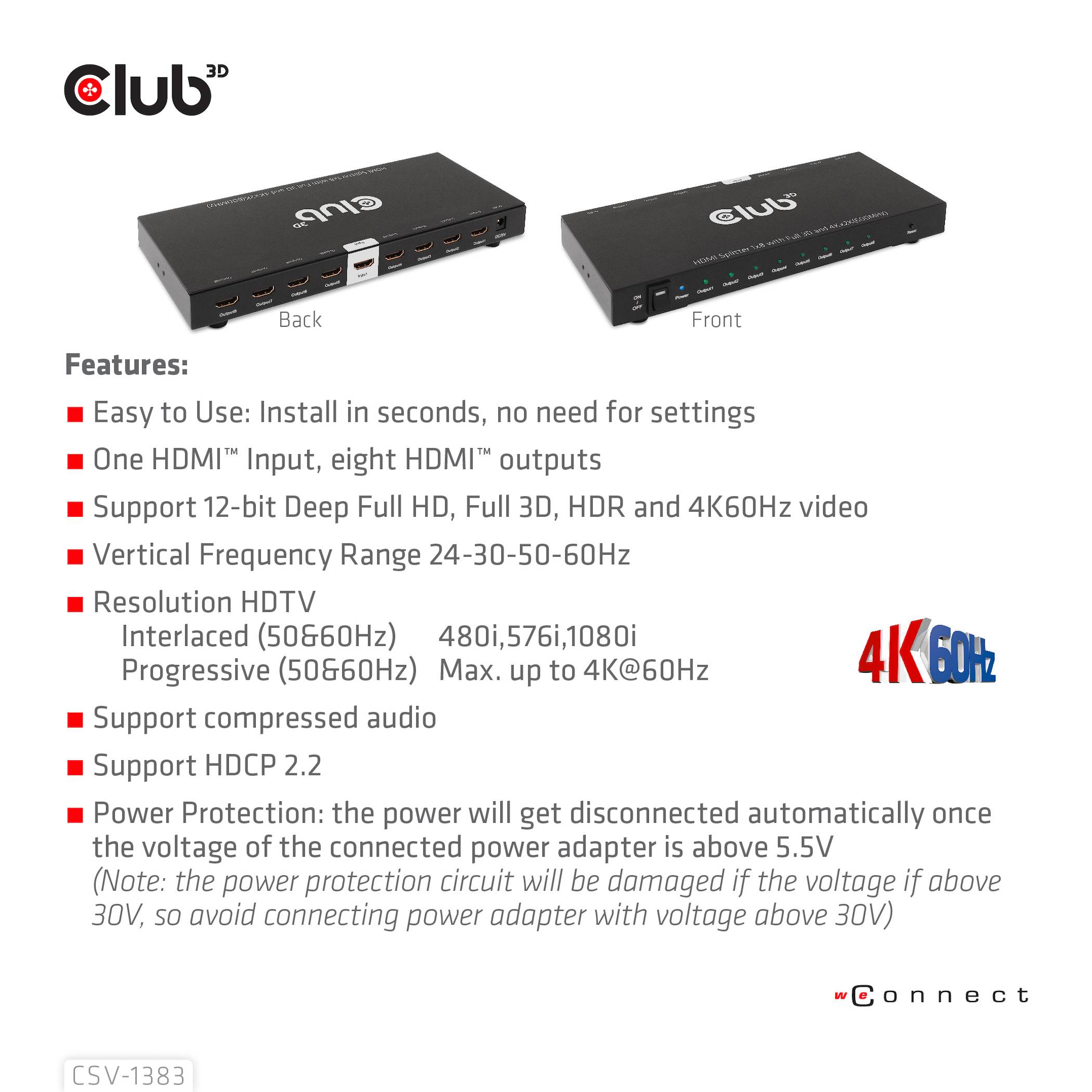 Club3D HDMI Splitter 8 + 1 Port HDMI-Splitter 3840 x 2160 Pixel