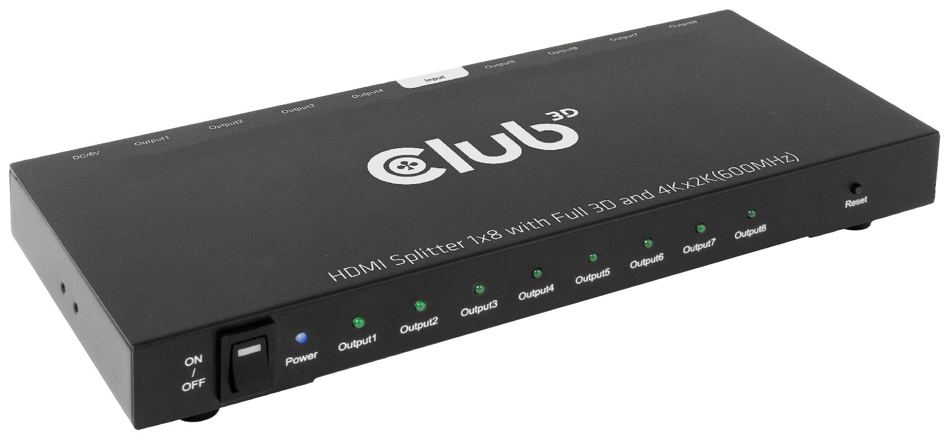 Schwarzer HDMI-Splitter von Club3D mit acht Ausgängen, leuchtenden Status-LEDs und einem Ein-/Ausschalter links vorne.