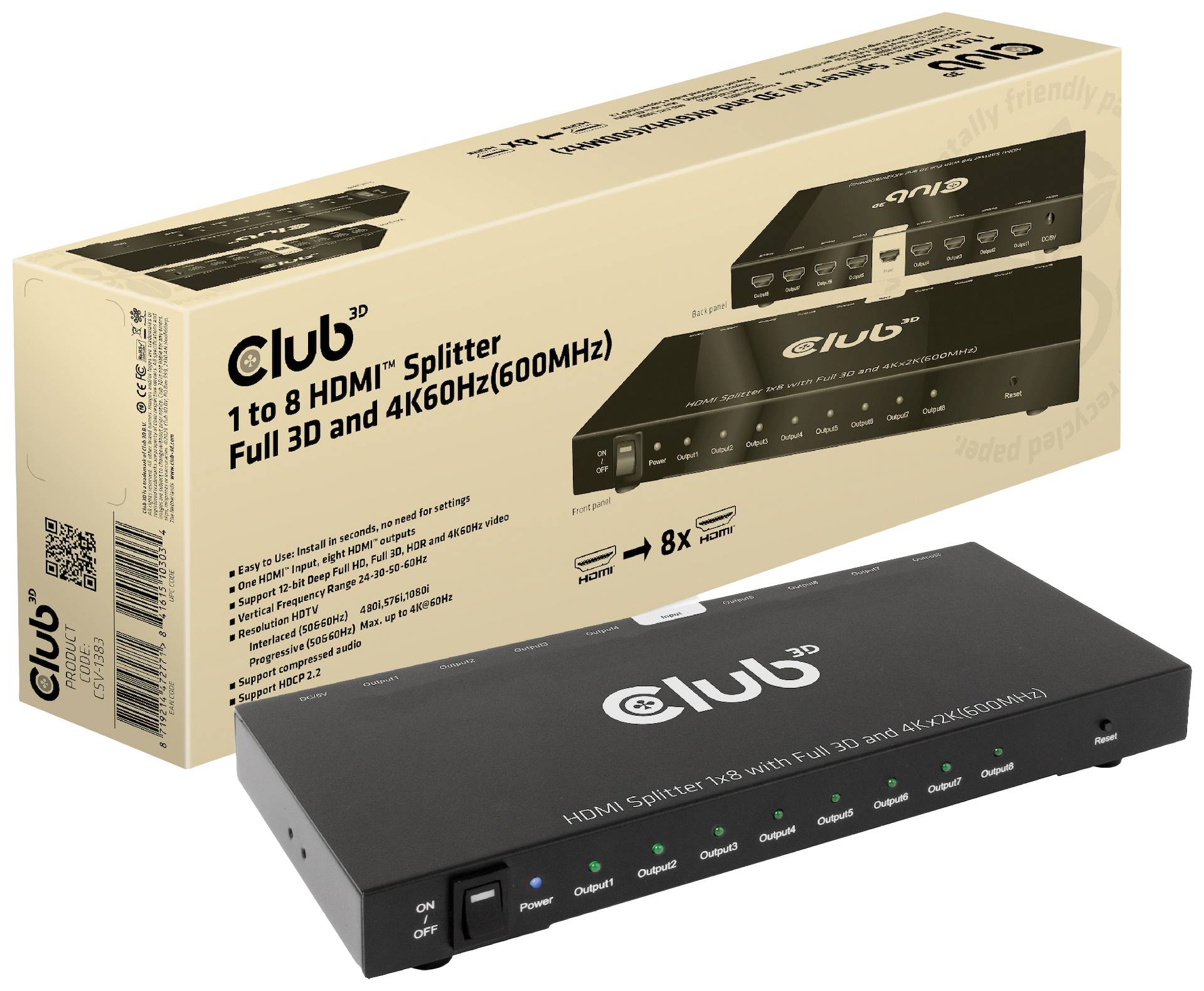 HDMI-Splitter-Set, bestehend aus einer schwarzen 1-auf-8 HDMI-Box für 4K und 3D bei 600 MHz, mit entsprechender Verpackung im Hintergrund.