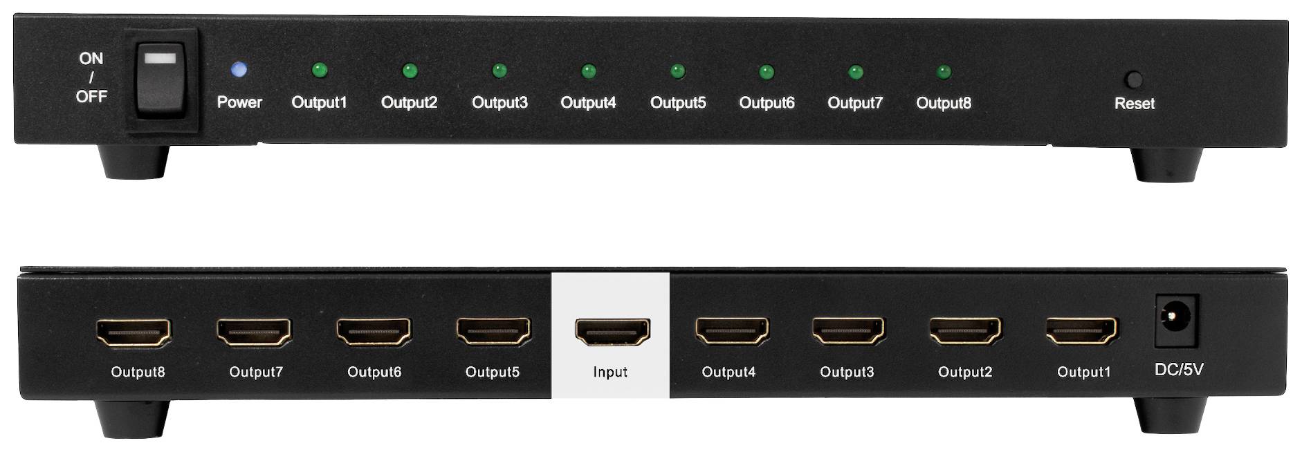 HDMI-Splitter mit acht Ausgängen und einem Eingang. Vorderseite zeigt Schalter und LED-Anzeigen, Rückseite zeigt HDMI-Anschlüsse.