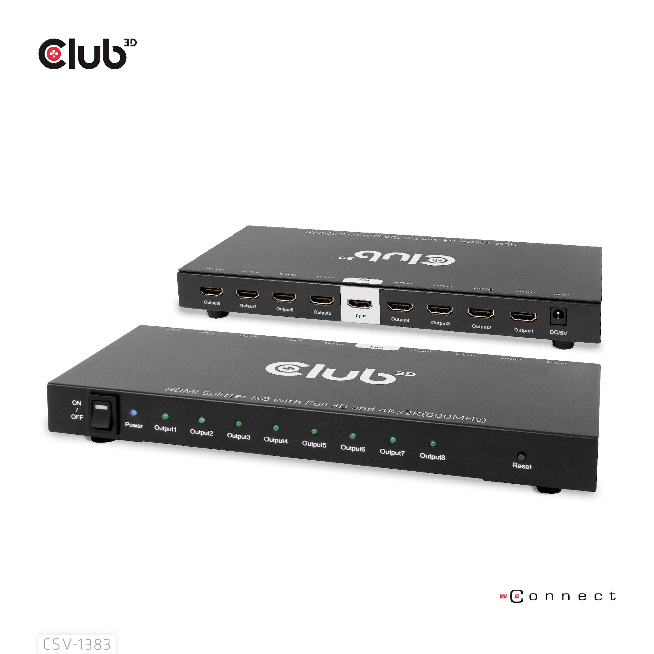 'Club 3D HDMI Splitter', zwei schwarze Geräte mit HDMI-Anschlüssen, zeigen 1 Eingang und 8 Ausgänge. Geeignet für Full 3D und 4Kx2K Übertragungen.