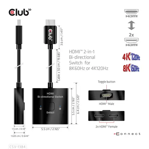 Club3D HDMI Switch 2-in-1 bidirektional 2 Port HDMI-Switch 7680 x 4320 Pixel Club3D HDMI Switch 2-in-1 bidirektional 2 Port HDMI-Switch 7680 x 4320 Pixel