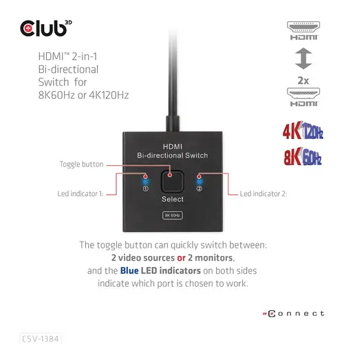Club3D HDMI Switch 2-in-1 bidirektional 2 Port HDMI-Switch 7680 x 4320 Pixel Club3D HDMI Switch 2-in-1 bidirektional 2 Port HDMI-Switch 7680 x 4320 Pixel
