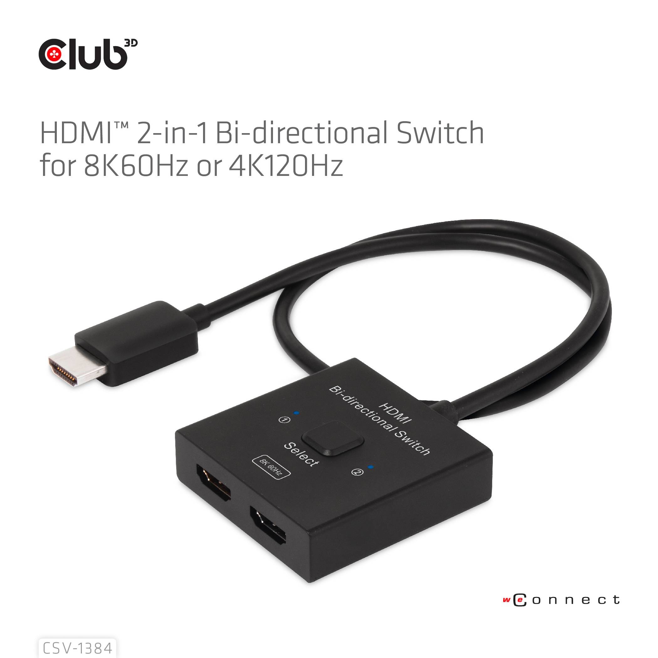 Club3D HDMI Switch 2-in-1 bidirektional 2 Port HDMI-Switch 7680 x 4320 Pixel