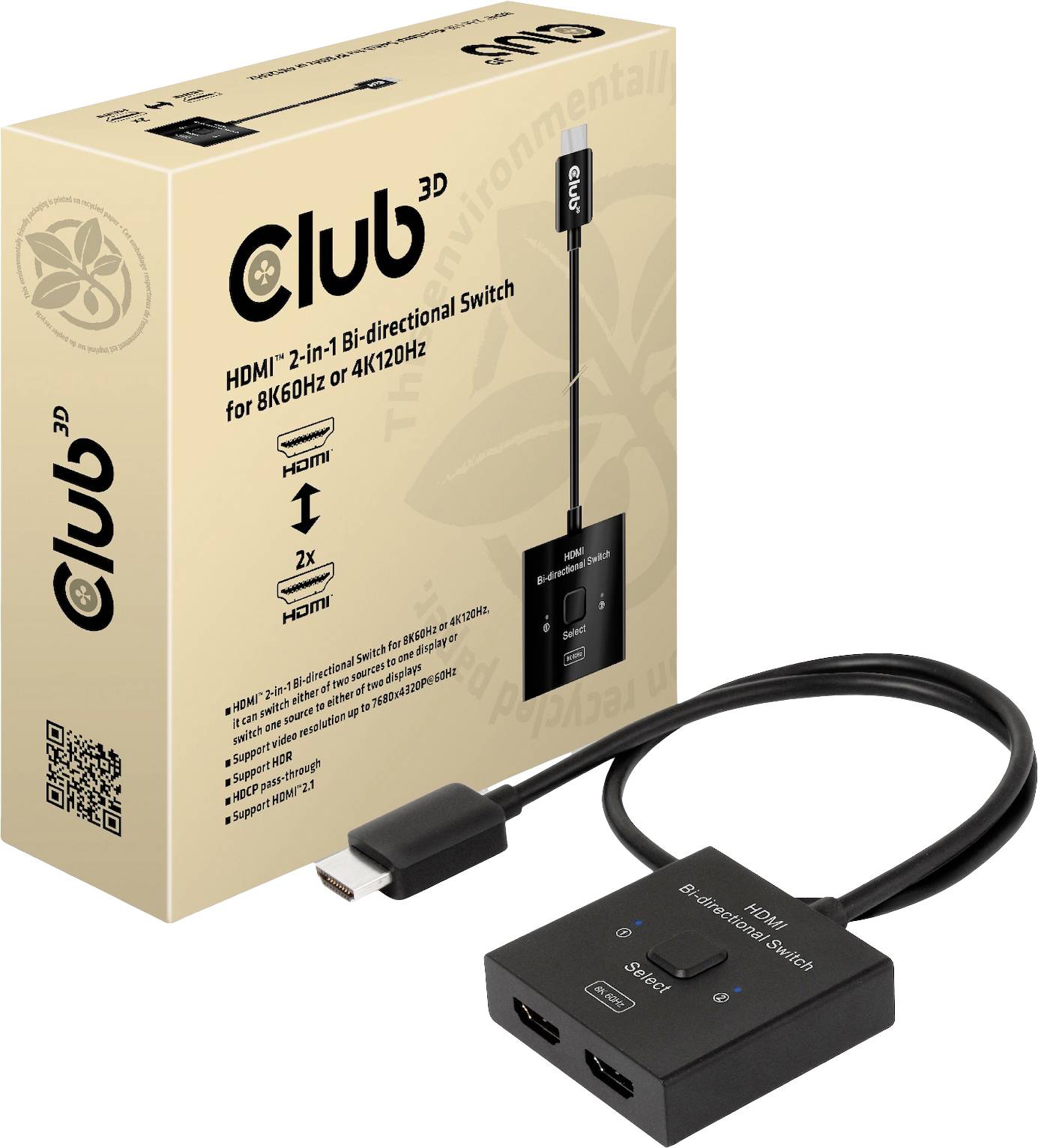 Club3D HDMI Switch 2-in-1 bidirektional 2 Port HDMI-Switch 7680 x 4320 Pixel